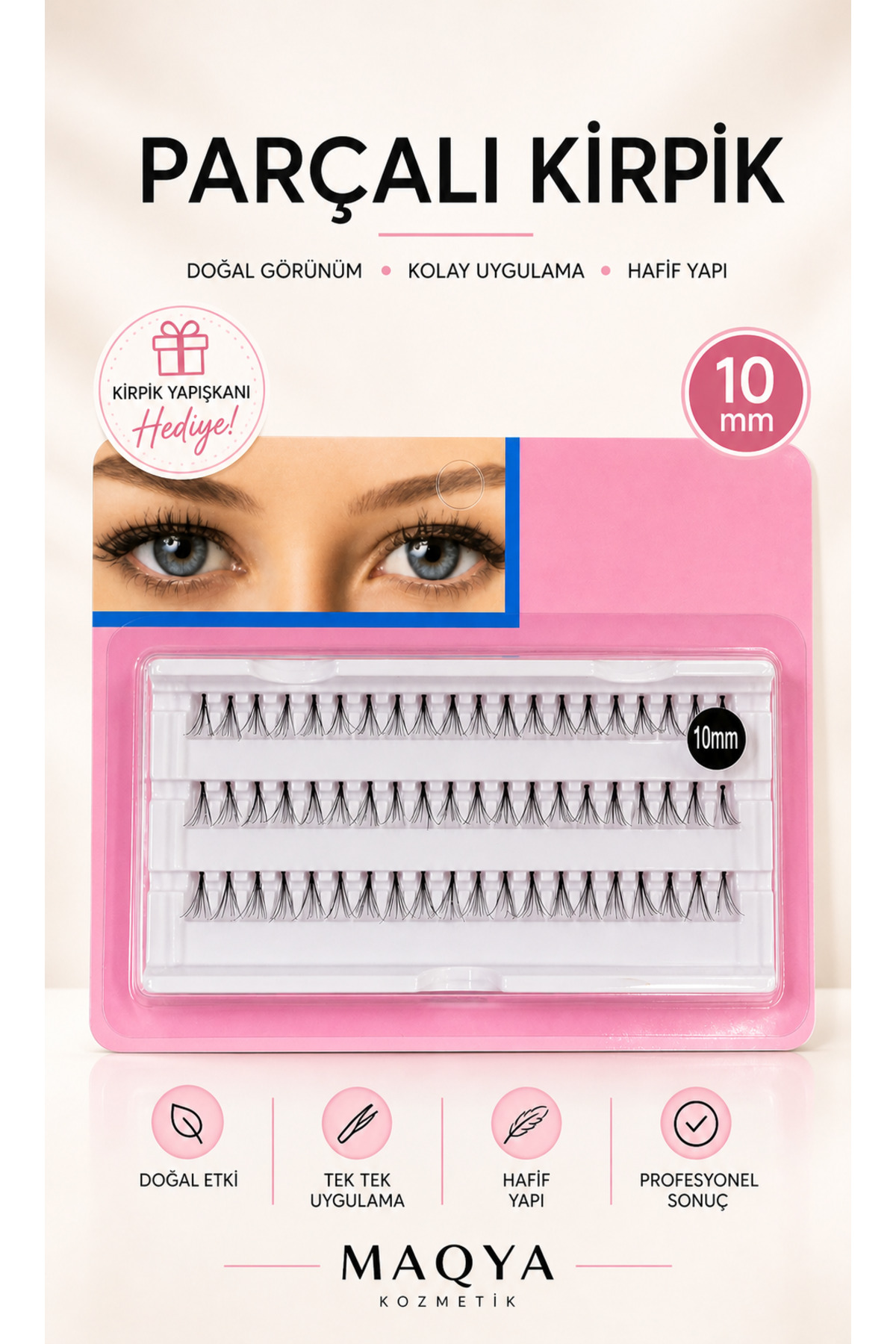 MAQYA KOZMETİK Doğal Görünüm Sunan 60'lı Takma Kirpik Seti +Kirpik Yapışkanı HEDİYELİ +Tarama Fırçası 10MM/10D