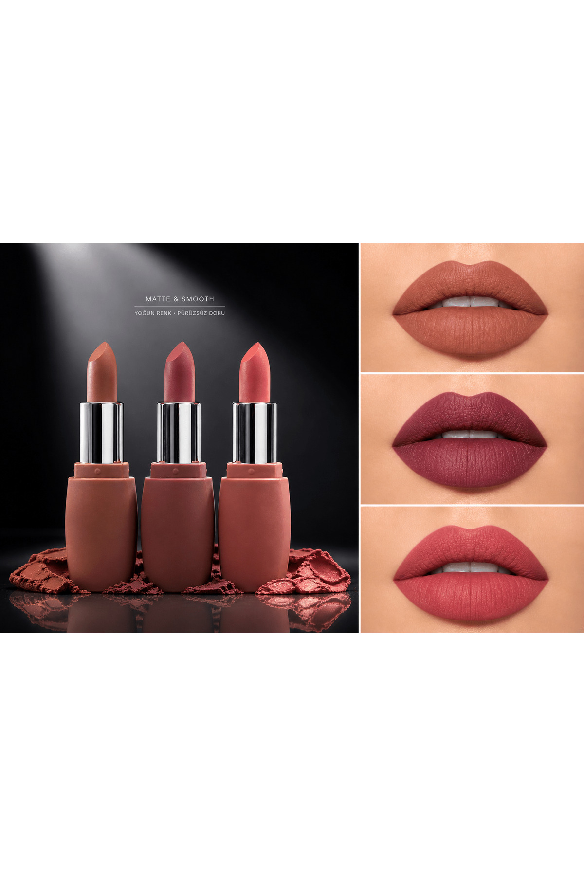 Seckinnn 3’lü Ultra Matte Nude Ruj Seti – Caramel Nude, Rose Blush & Berry Mauve Kalıcı Dudak Ruj Paketi