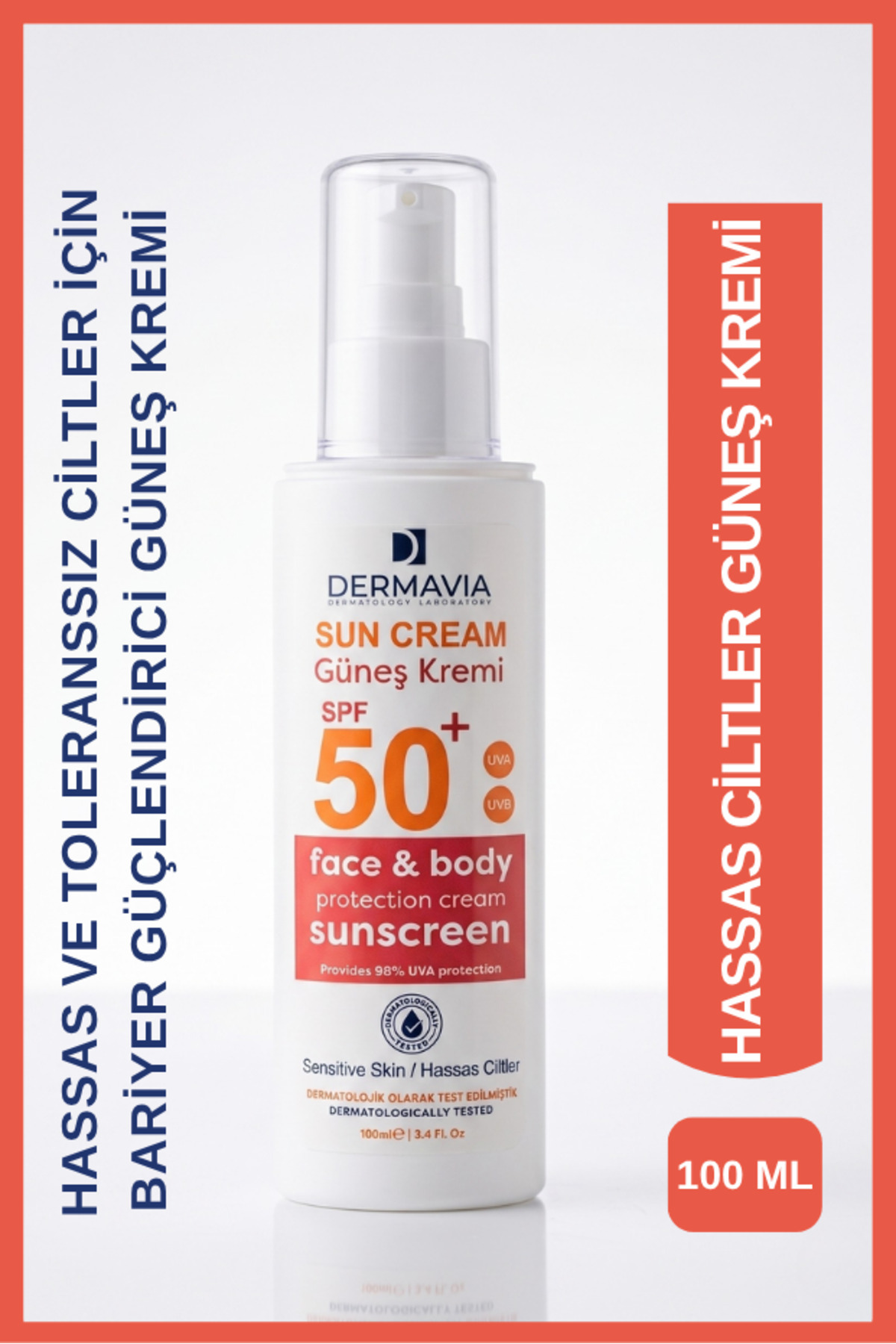 Dermavia SPF 50+ Hassas Ciltler İçin Yüz ve Vücut Güneş Kremi 100 ml, Yüksek Koruma