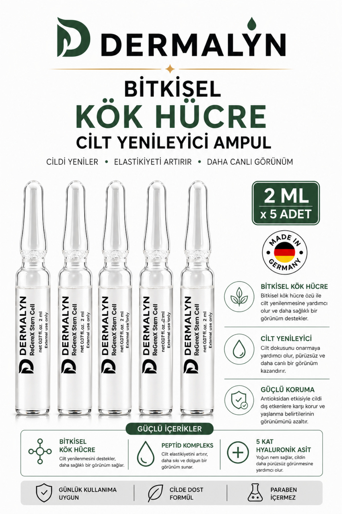 DERMALYN 5 Adet Bitkisel Kök Hücre Cilt Yenileyici Mimik Kırışıklık Yaşlanma Karşıtı Ampul Serum Dermaroller