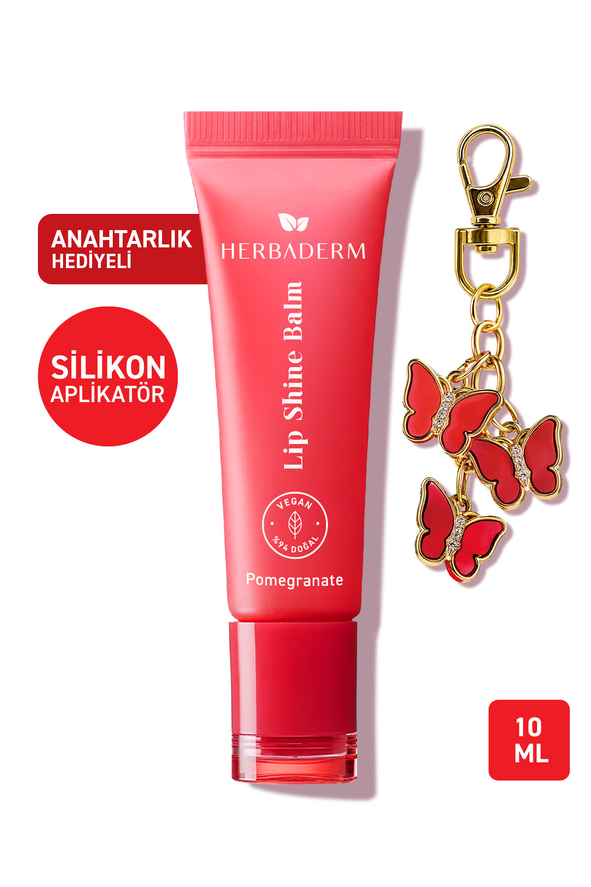 Herbaderm Pomegranate, Parlatıcı, Dolgunlaştırıcı, Onarıcı Renkli Dudak Balmı, Anahtarlık Hediyeli, Nar Aromalı 10 ml
