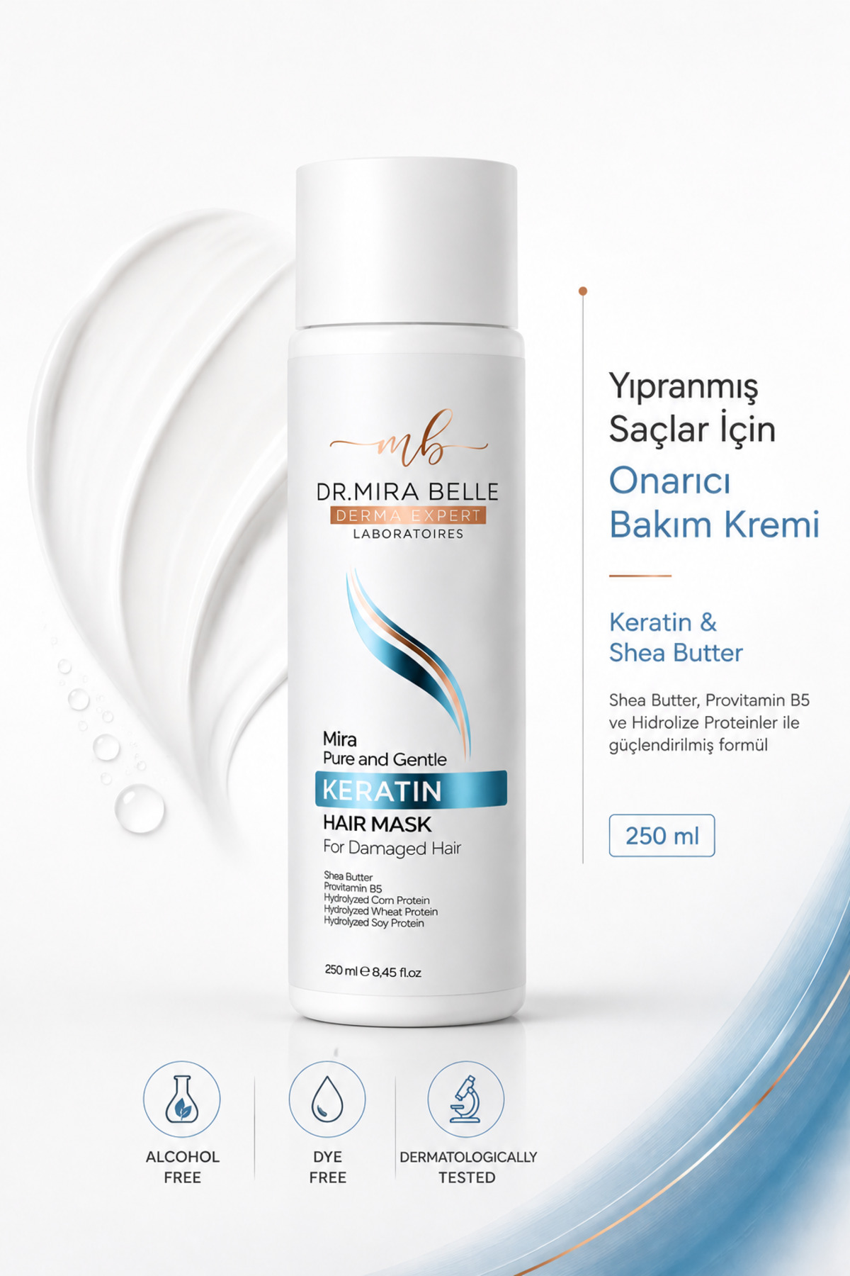 Dr. Mira Belle Derma Expert Yıpranmış Saçlar İçin Bitkisel Keratin, Shea Butter & Provitamin B5 Onarıcı Saç Maskesi 250 ml
