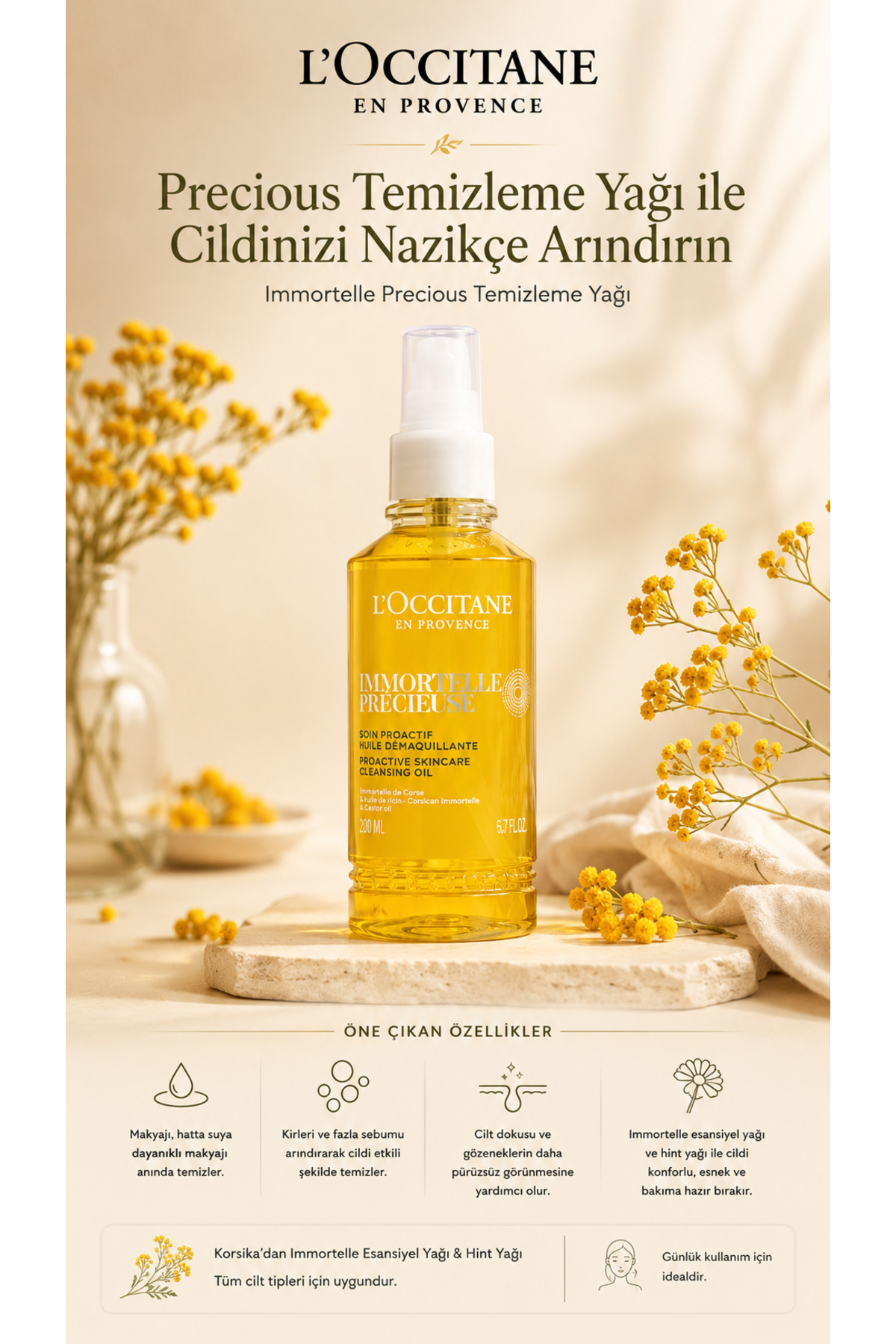 L'Occitane Immortelle Precious İlk Yaşlanma Belirtileri için Makyaj Çıkarıcı Temizleme Yağı, Ölmezotu Yağı İçeren, 200 ml