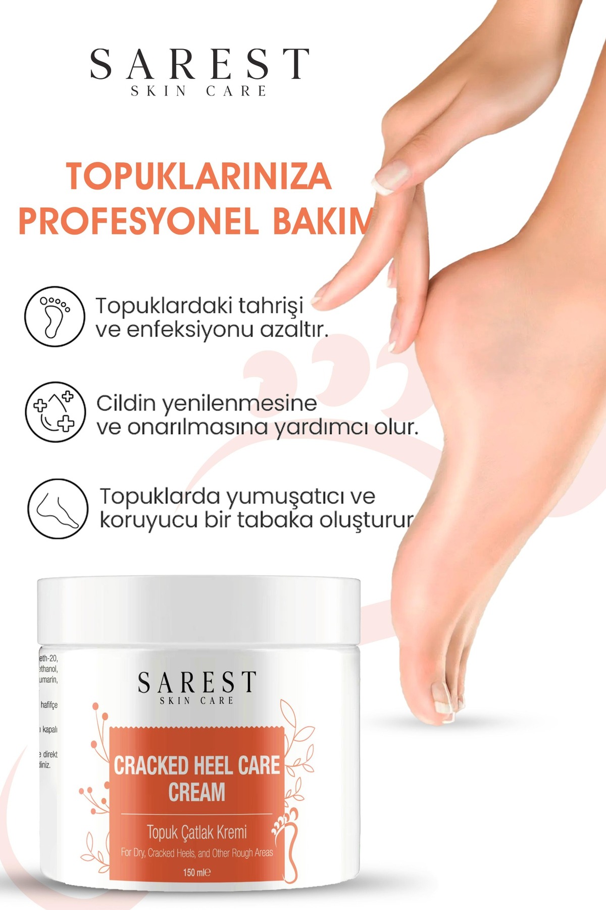 Sarest skincare Onarıcı Ayak Topuk Çatlak Kremi, Etkili Bakım | Vitamin E + Yoğun Nem & Ferahlatıcı Etki 150ml