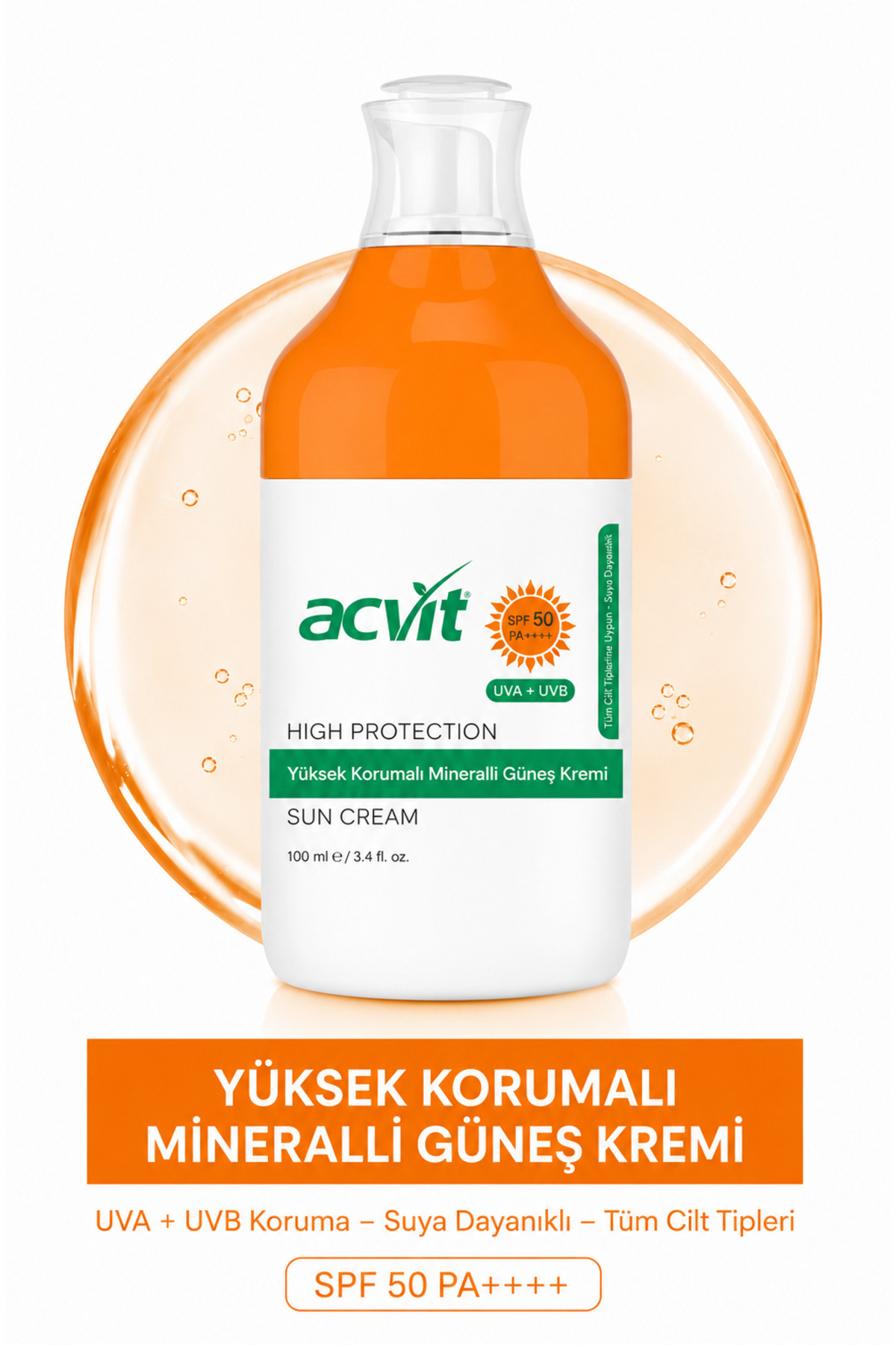 Acvit Yüksek Korumalı Mineralli Güneş Kremi SPF 50+ PA++++ 100 ML | Beyazlık Bırakmayan Formül ve Günlük Nemlendirme