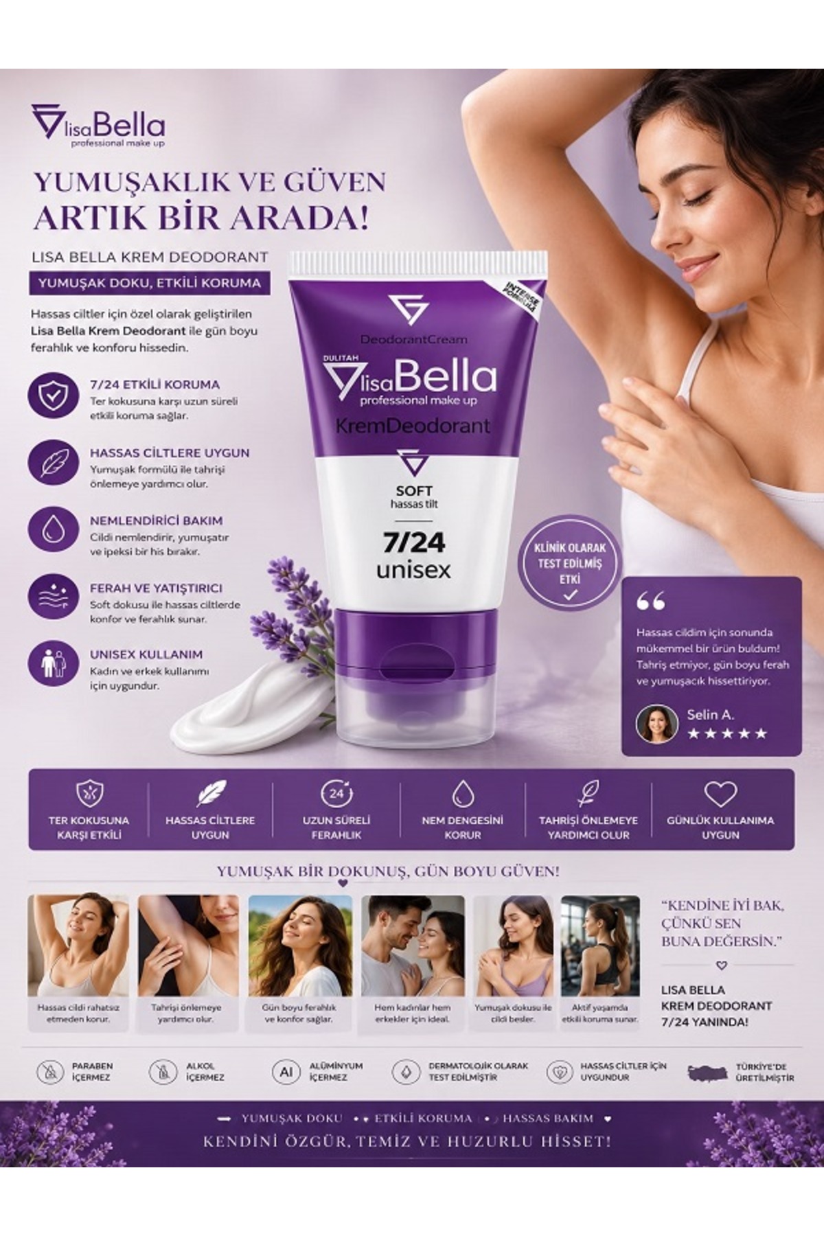 BY UTAH LİSA BELLA Soft Hassas Ciltlere Özel 7 Gün Etkili Unisex Krem Deodorant 50 ml – Panthenol Destekli