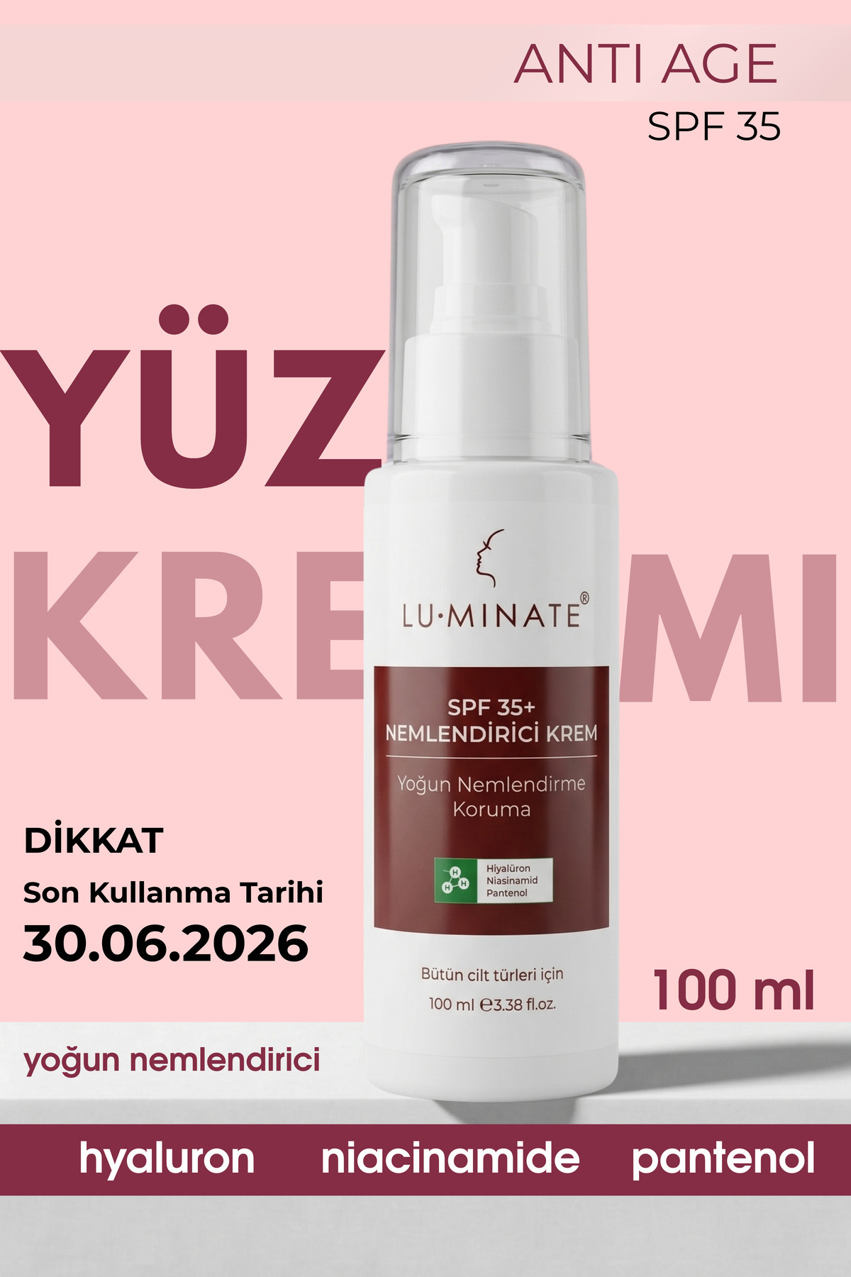 Luminate Yüz Kremi Yoğun Nemlendirici Niasinamid Cilt Tonu Eşitleyici Su Bazlı Makyaj bazı Spf 35