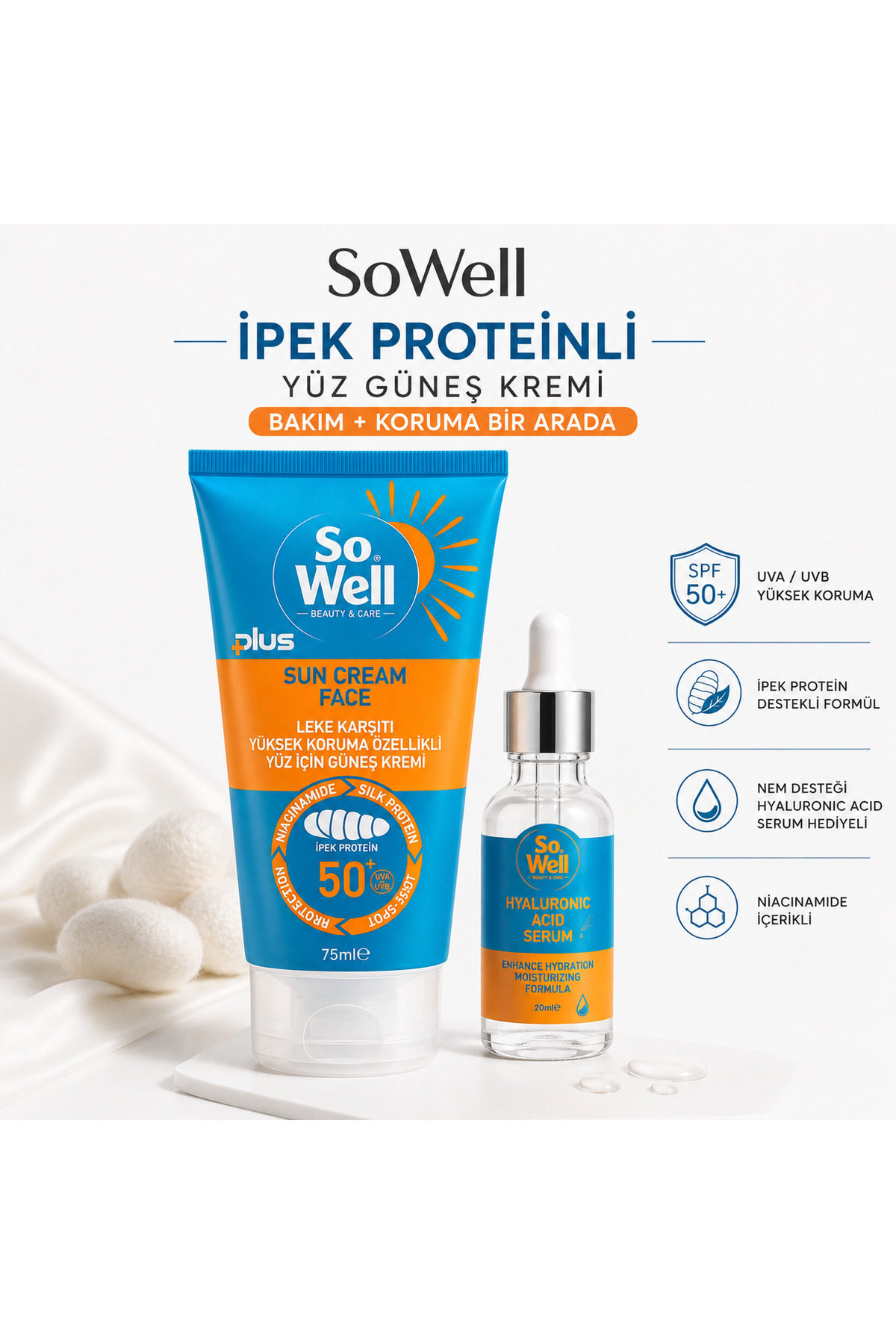 Sowell Leke Karşıtı Yüz İçin Güneş Kremi Spf 50+ Plus 75 ml + Hyaluronic Serum Hediyeli 20 ml