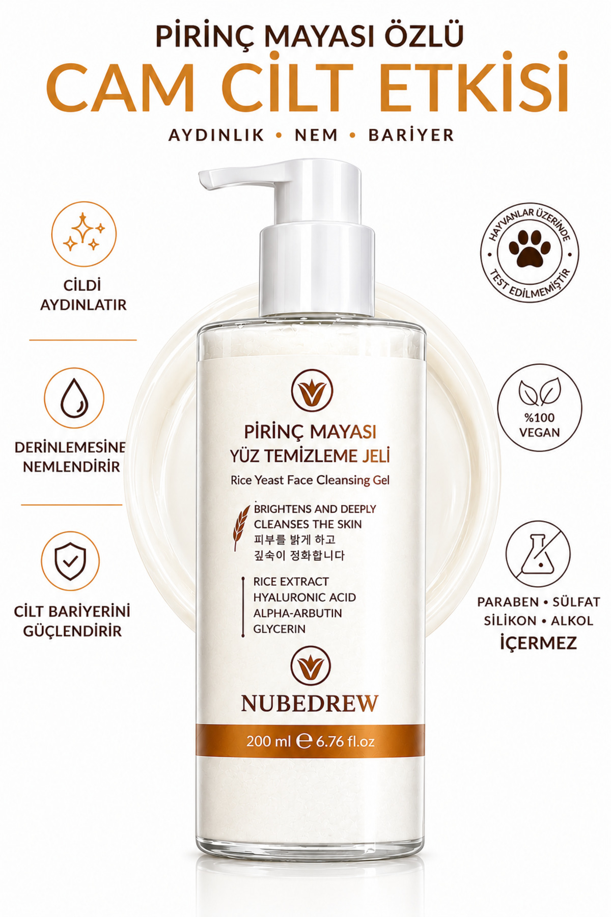 NUBEDREW Pirinç Mayası Yüz Temizleme Jeli 200 ml Aydınlatıcı, Gözenek Sıkılaştırıcı, Nemlendirici