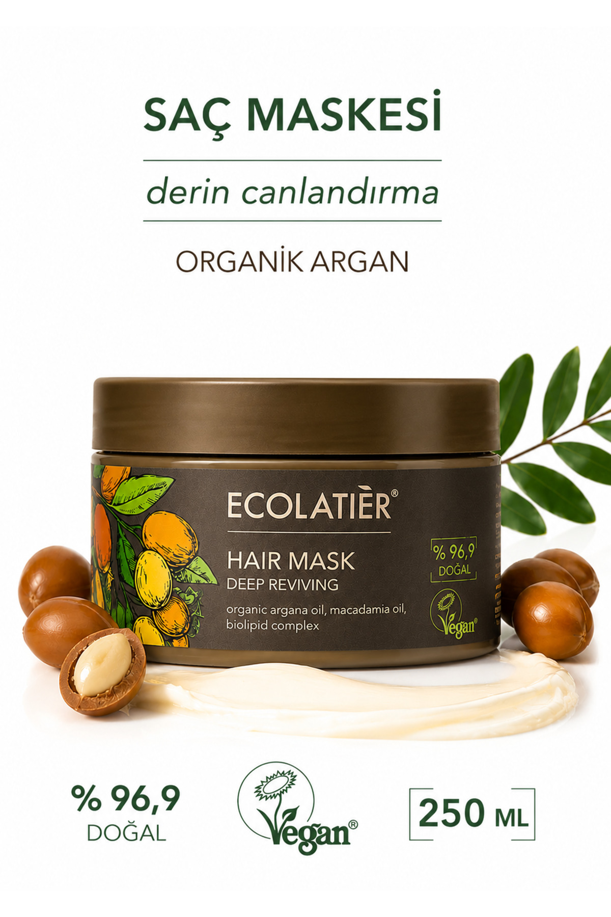 ECOLATIER Derin Canlandırıcı Saç Maskesi Argan Güçlendirici Parlatıcı Etki Zayıflamış Saçlar Için 250 ml