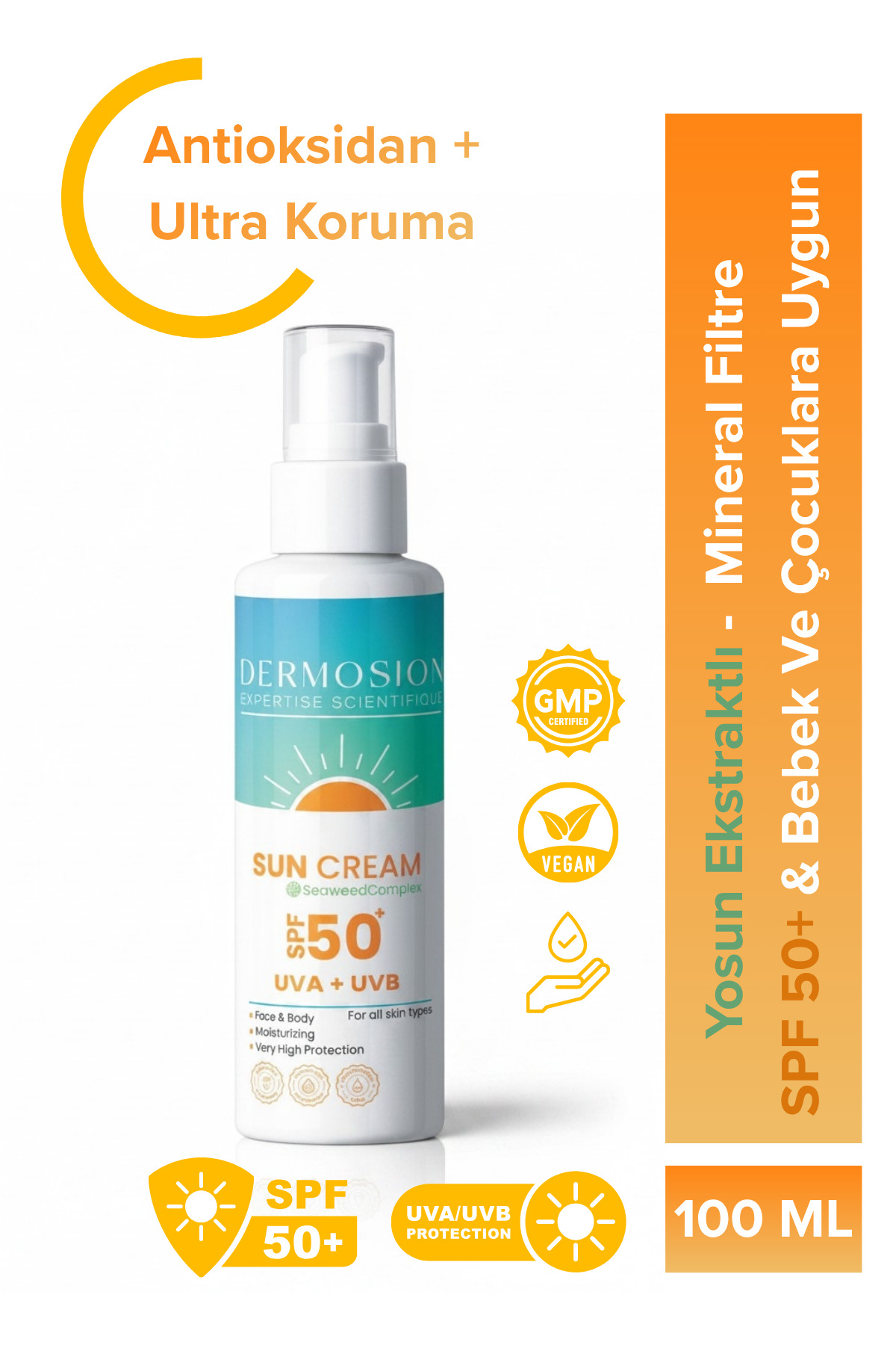 dermosion SPF 50+ Mineral Filtreli Yosun Özlü Ekstra Besleyici Formül Ve Yüksek Koruma Güneş Kremi Bebek ve Çocuk 100ml