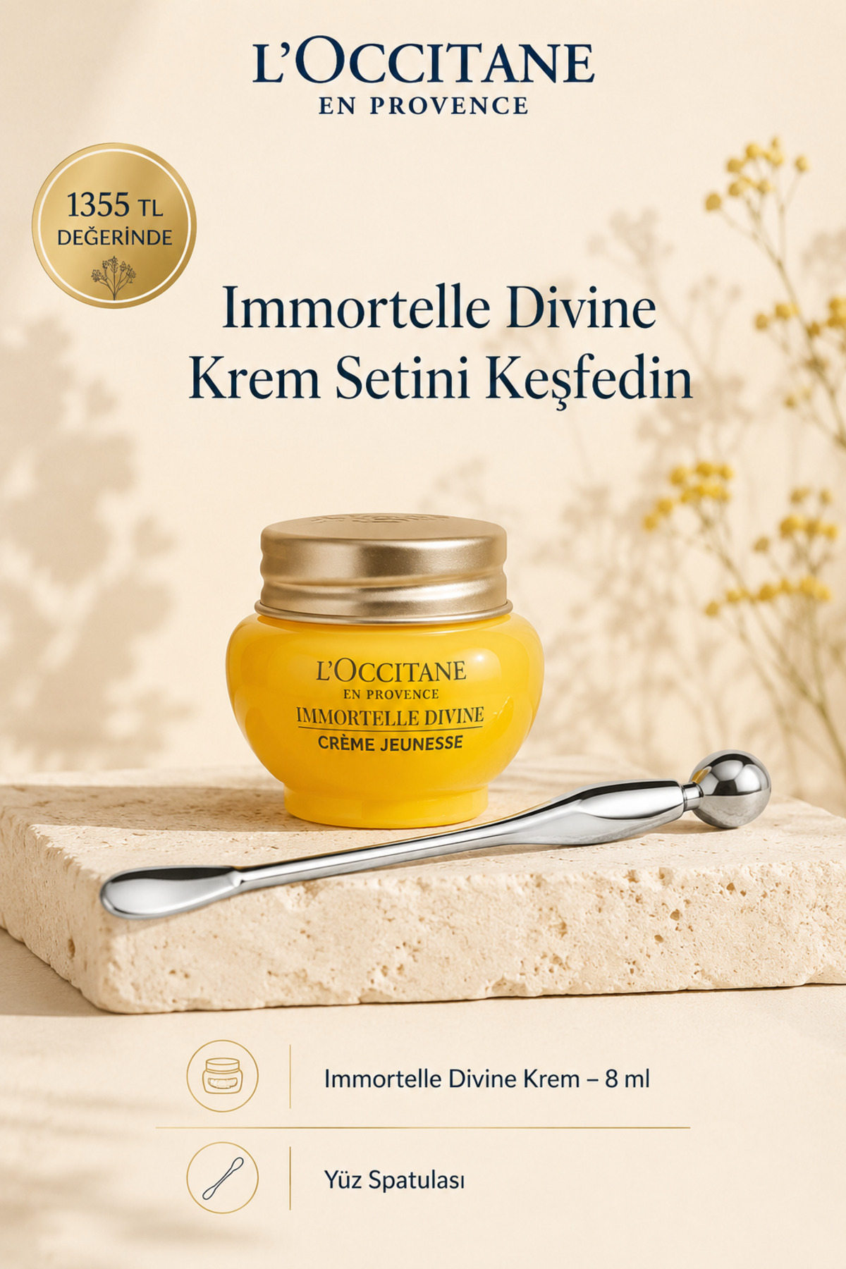 L'Occitane Immortelle Divine Krem ve Yüz Spatulası Minik Hediye Seti, 2'li Set