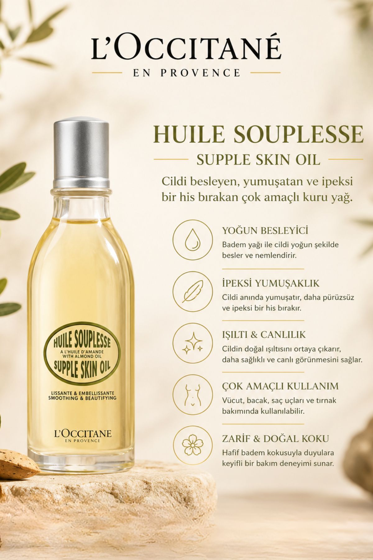 L'Occitane Badem Vücut Yağı, Tatlı Badem Yağı İçeren Besleyici ve Nemlendirici, 50 ml