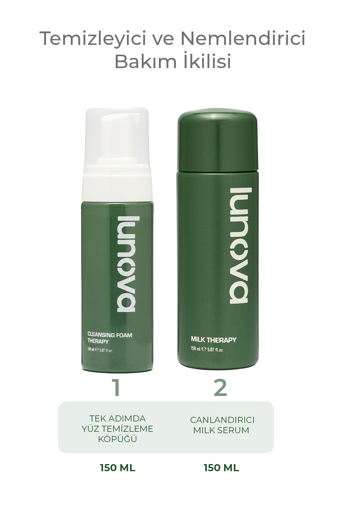 Lunova Temizleyici ve Nemlendirici Cilt Bakım Rutini İkilisi | Cilt Kurutmayan Köpük 150 ML & Bariyer Güçlendirici Milk Serum 150 ML