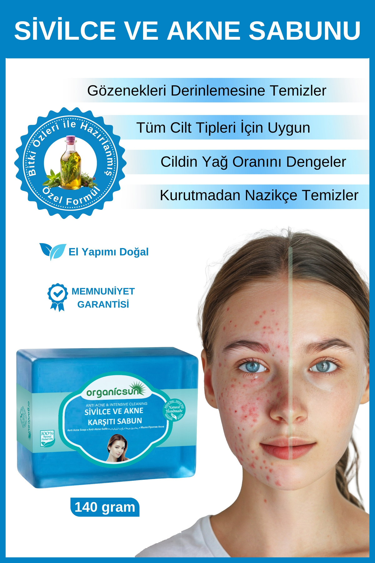 Organicsun Doğal Akne ve Sivilce Karşıtı Sabun 140 Gr Tüm Cilt Tipleri İçin Natural Sabun