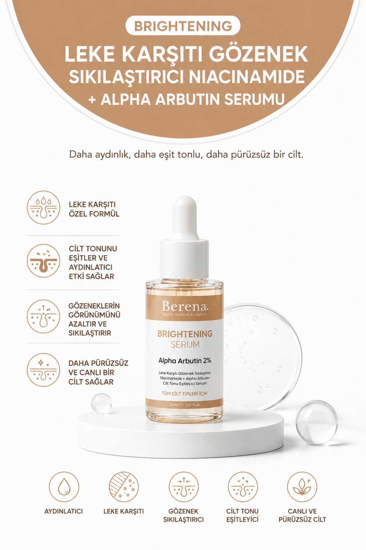 BERENA leke karşıtı arbutin niacinamide cilt bakım serumu 30ml (alfa arbutin %2+ niacinamid %5 )