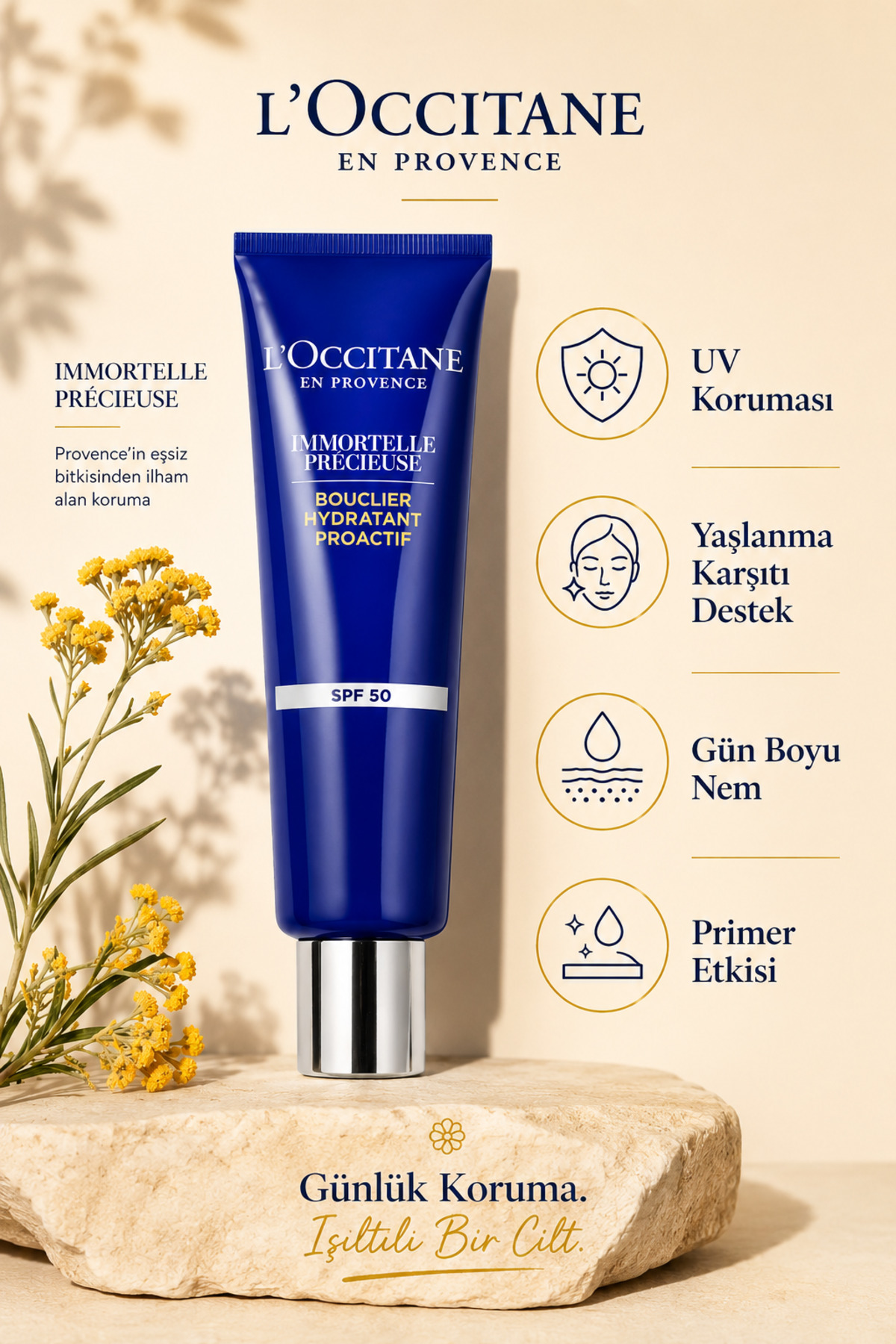 L'Occitane Immortelle Precious İlk Yaşlanma Belirtileri için UV Koruma Kremi, SPF 50, Ölmezotu Yağı İçeren, Hyaluronik Asit, 30 ml