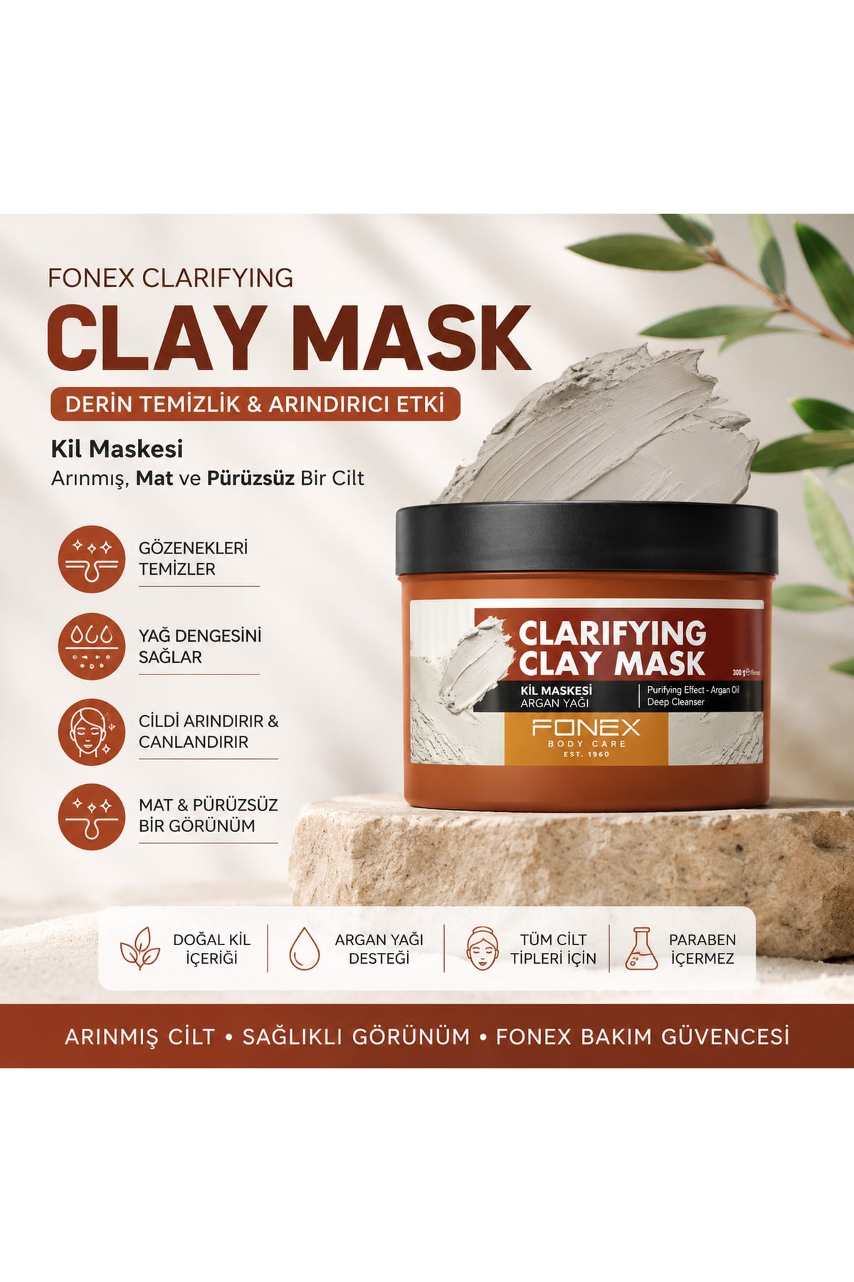 Guis Giyim Ve Kozmetik Fonex Clarifying Clay Mask Argan Yağlı Kil Maskesi 300 gr – Derin Temizlik ve Arındırıcı Bakım