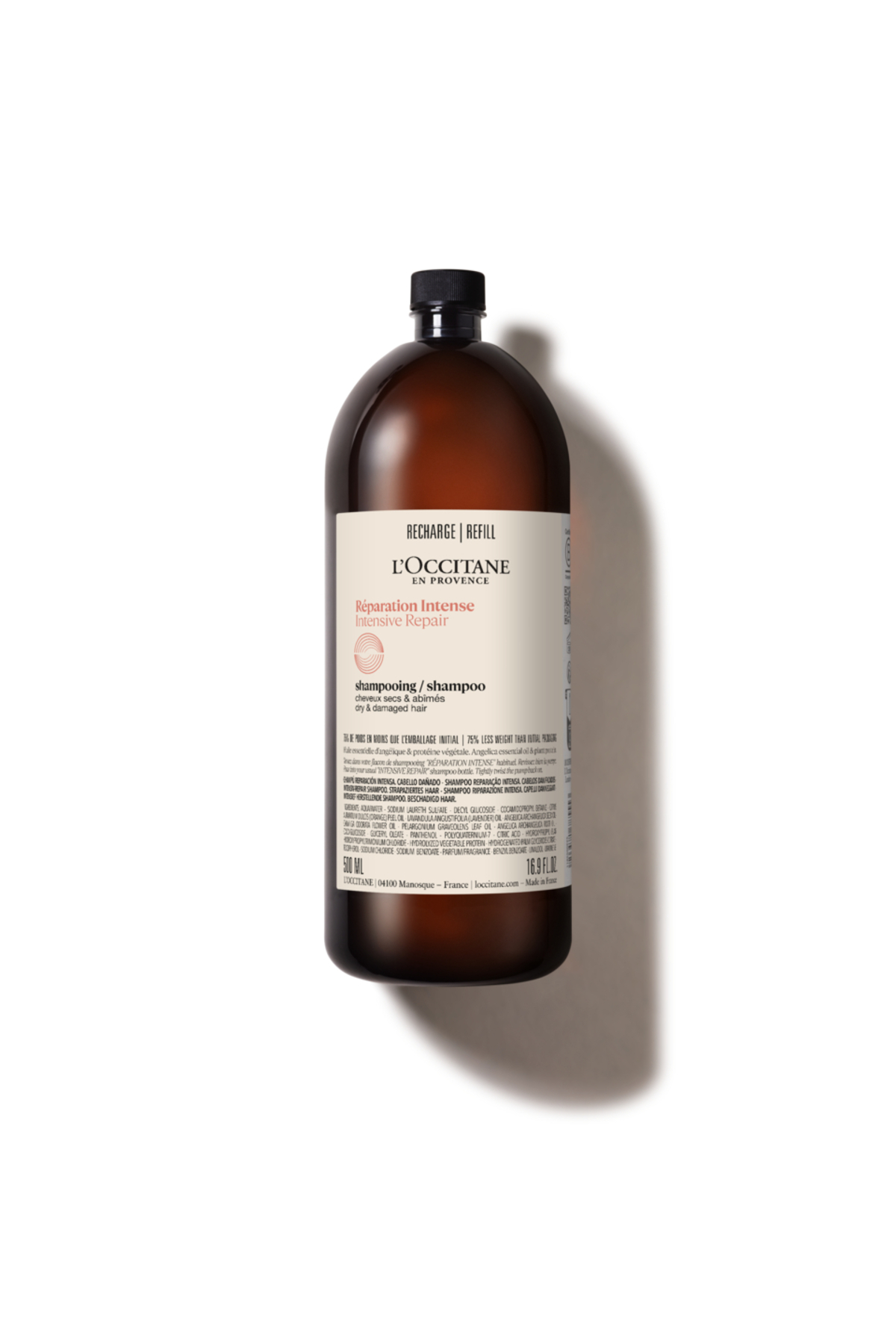 L'Occitane Onarıcı Şampuan Eko-Yedek Refill, Kuru ve Hasar Görmüş Saçlar için, 5 Esansiyel Yağ İçeren, 500 ml