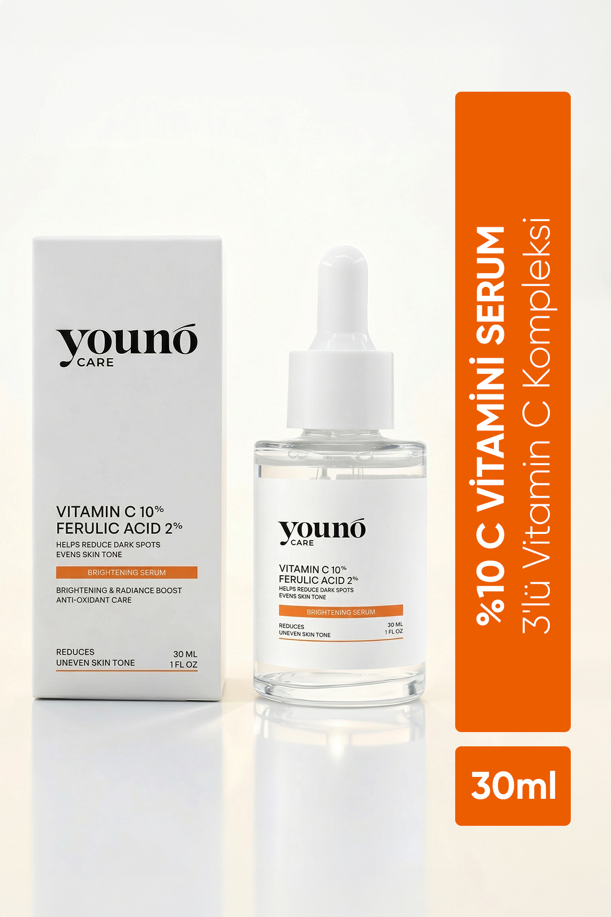 YOUNO CARE %10 C Vitamini Serum 3'lü Vitamin C Kompleksi 30 ml | Ferulic Acid | Hyaluronik Asit | Leke Karşıtı