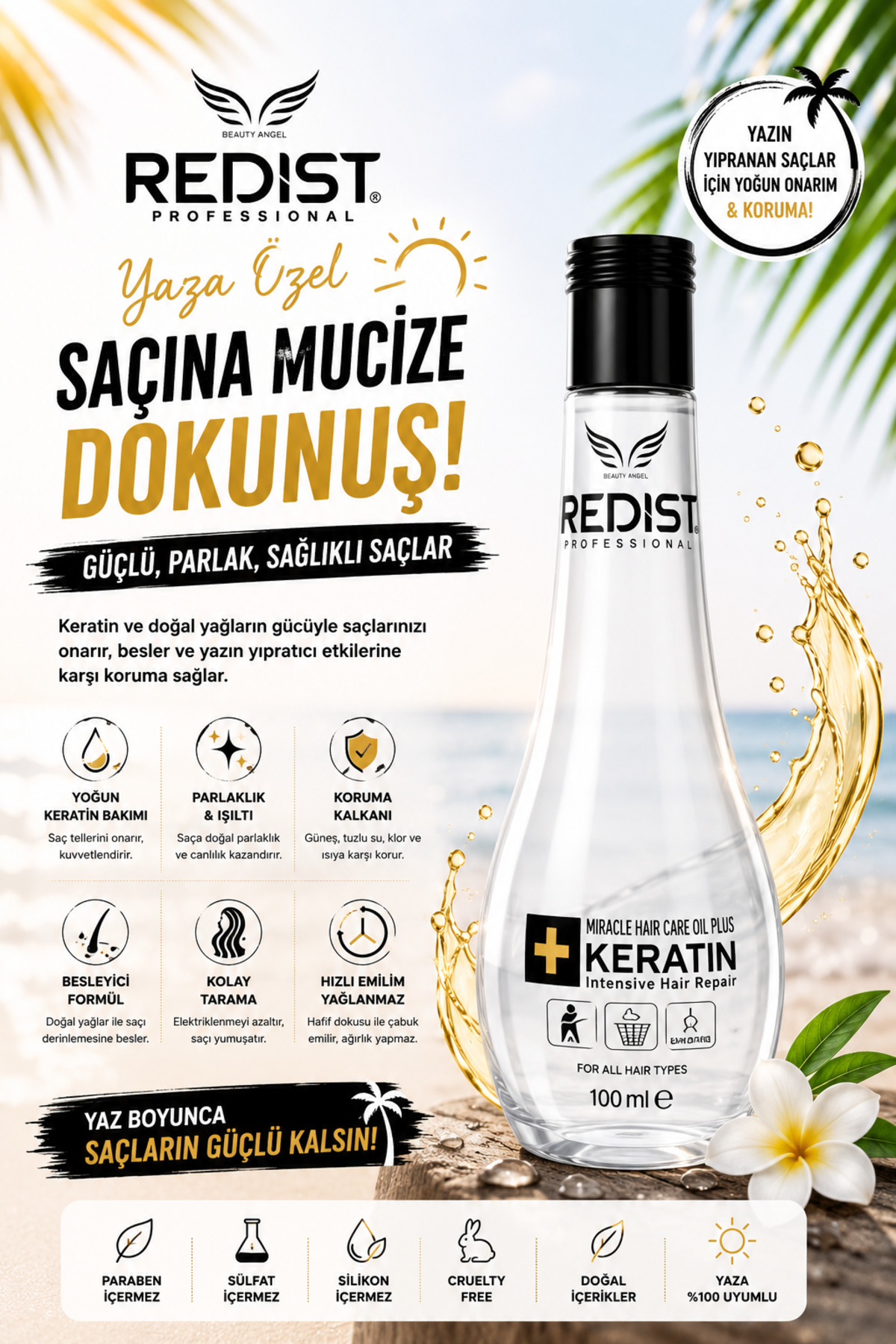 Redist Keratin Saç Bakım Yağı Cam şişe 100 ml – Doğal Onarıcı Formül ile Parlak, Güçlü ve Sağlıklı Saçlar