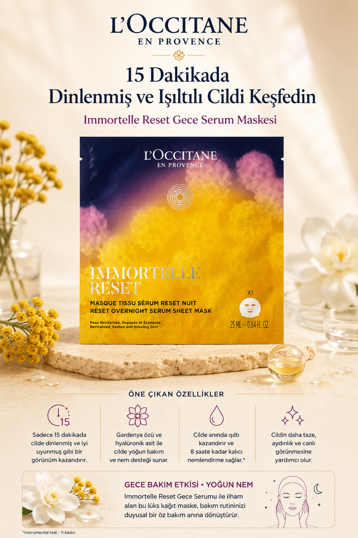 L'Occitane Immortelle Reset Yenileyici Gece Serum Maskesi, Ölmezotu Yağı İçeren, Hyaluronik Asit, 1 adet