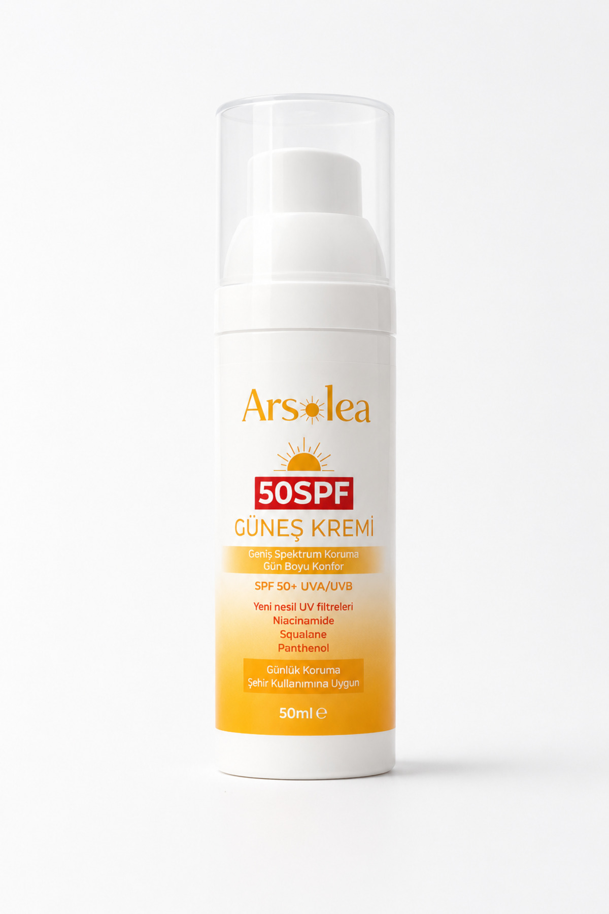 Arsolea SPF 50 Güneş Koruyucu Krem Niacinamide & Hyaluronic Acid İçerikli Geniş Spektrum Koruma