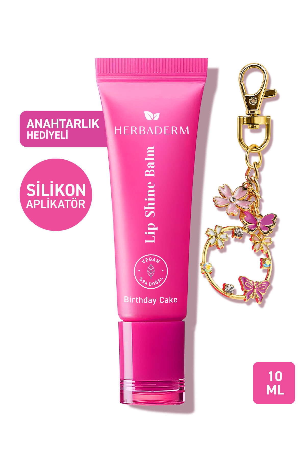 Herbaderm Birthday Cake Parlatıcı, Dolgunlaştırıcı, Onarıcı Vegan Dudak Balmı, Anahtarlık Hediyeli, Pasta Aromalı 10 ml
