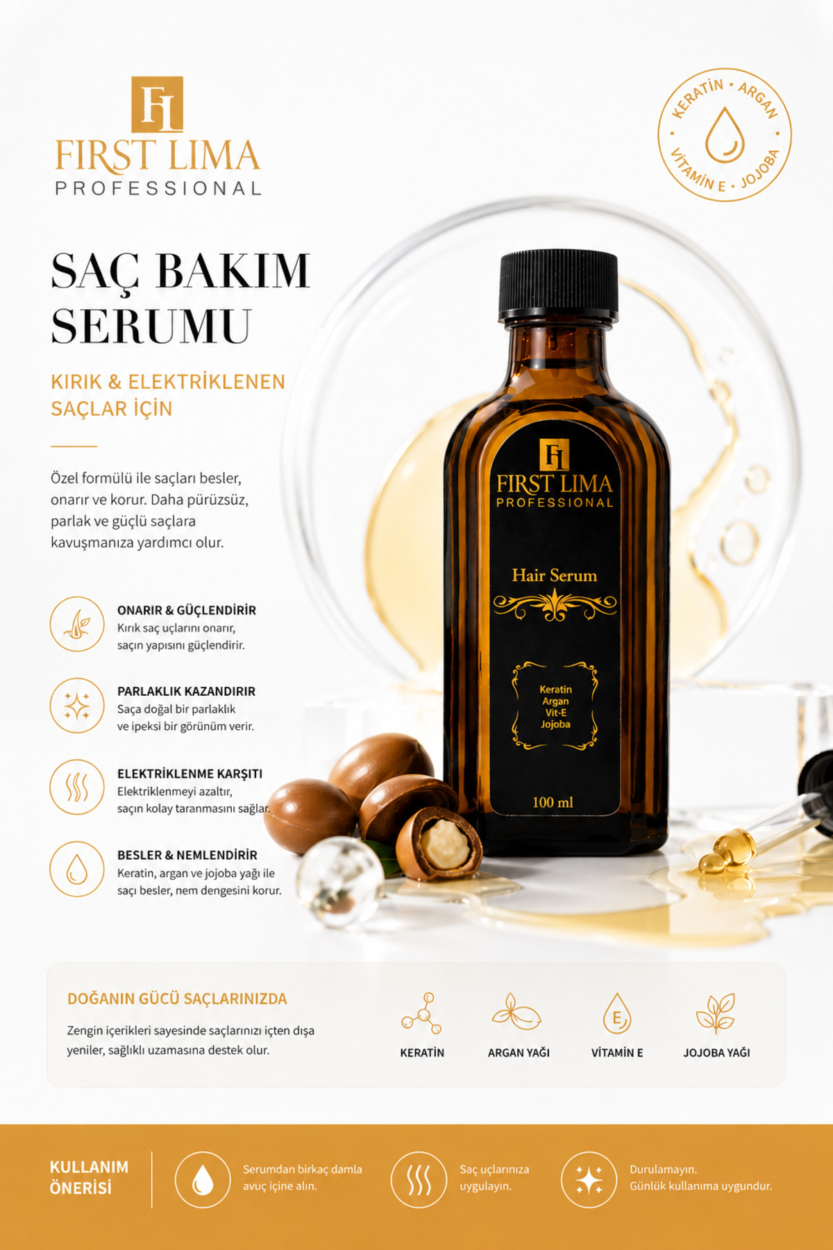 First Lima Professional Yıpranmış Ve Elektriklenen Saçlara Özel Işıltı Veren Bitkisel Saç Bakım Serumu 100 ml