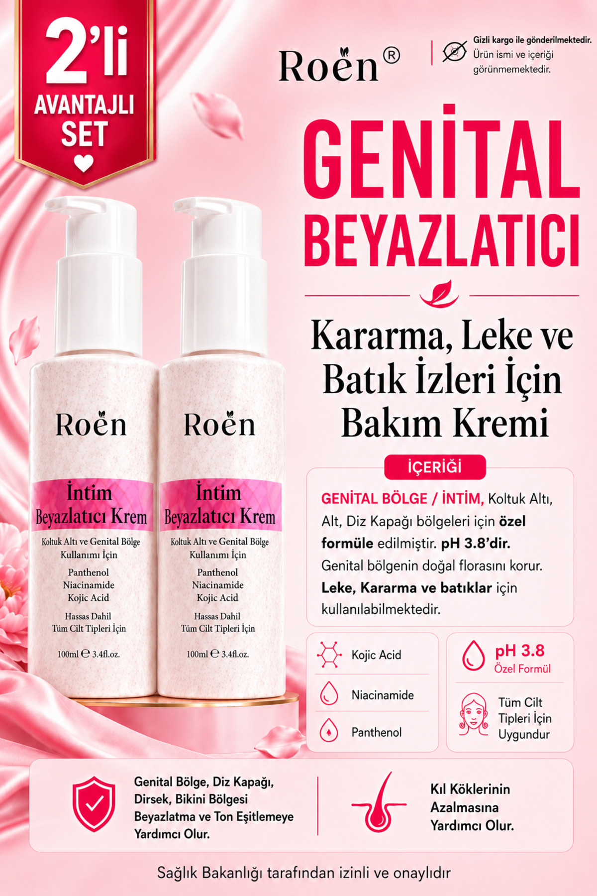 Roen Genital Bölge Beyazlatıcı Krem, Kojik Asit & Niacinamide İçerikli İntim Beyazlatıcı Krem (100mlx2 )