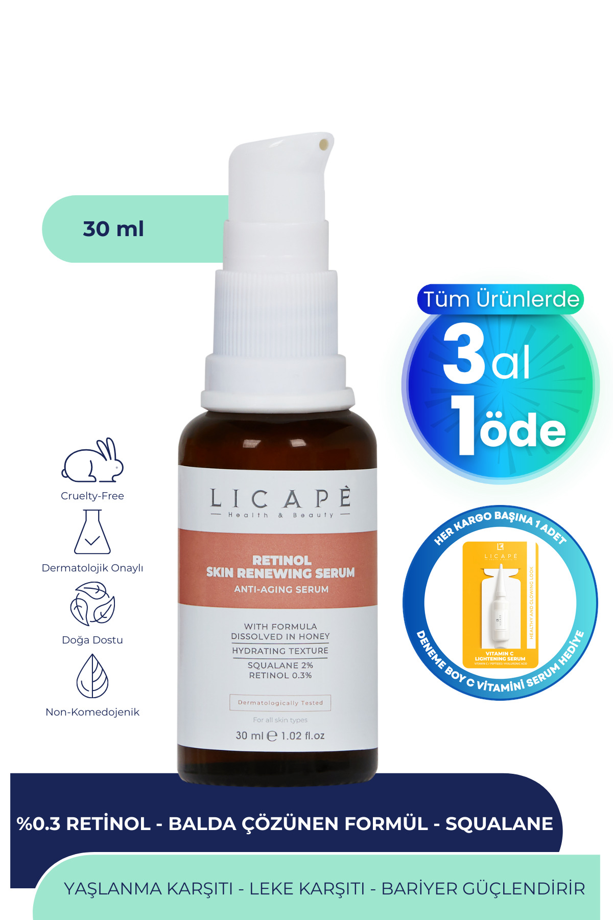 Licape Cilt Yaşlanması Karşıtı Aydınlatıcı %0.3 Retinol Serum 30ml
