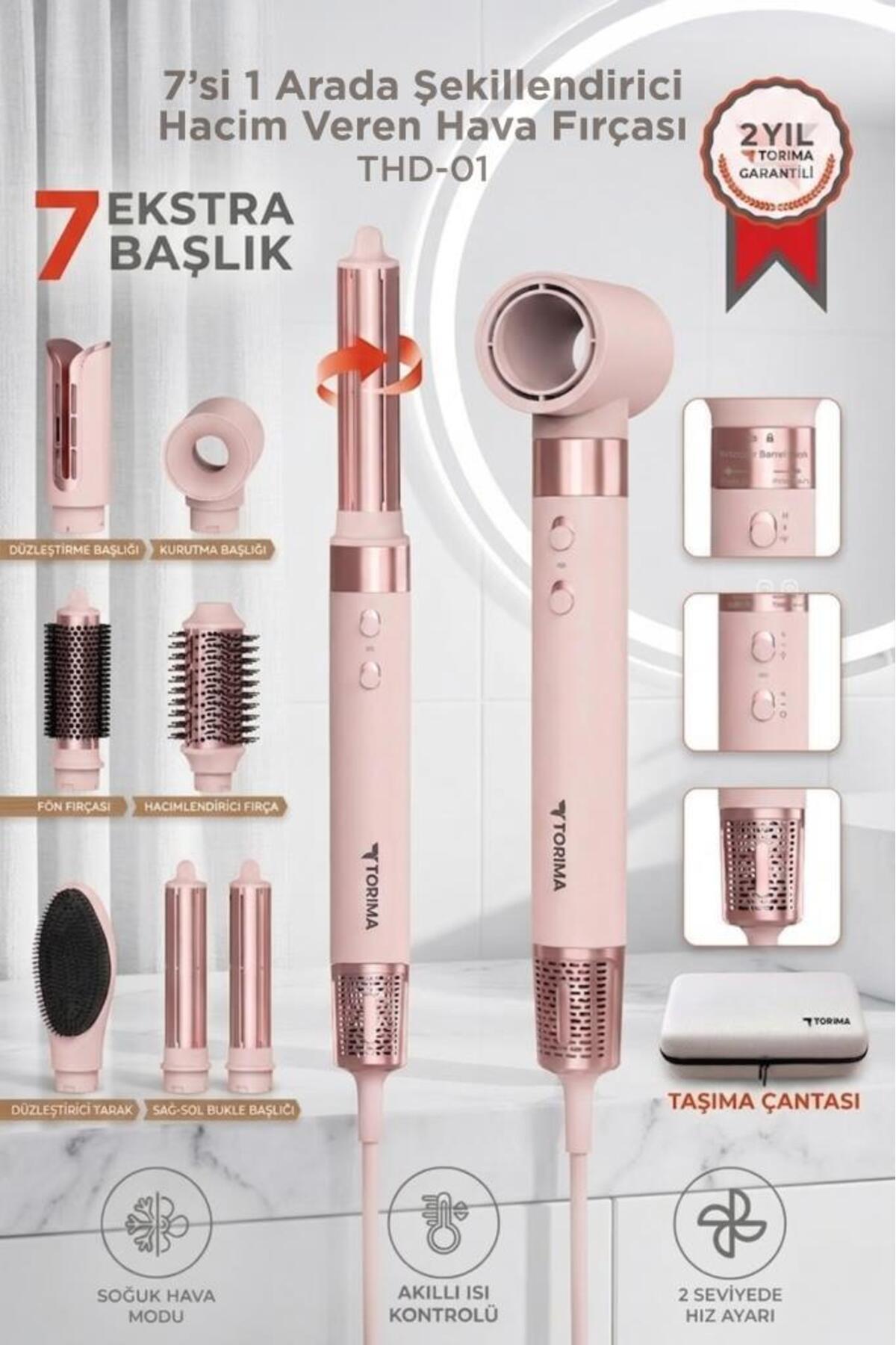 Torima Saç Şekillendirme ve Kurutma Seti 7in1 Hava Üflemeli Fön Makinesi Airwrap Compact THD01 Pembe