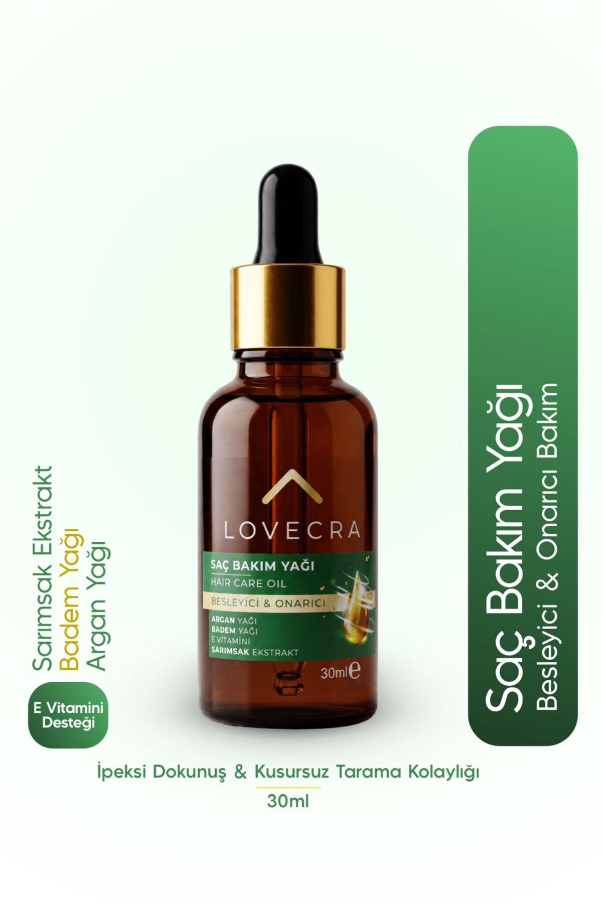 LOVECRA Saç Bakım Yağı Badem Argan Yağı E Vitamini Sarımsak Ekstraktı Besleyici Güçlendirici Onarıcı 30 ml