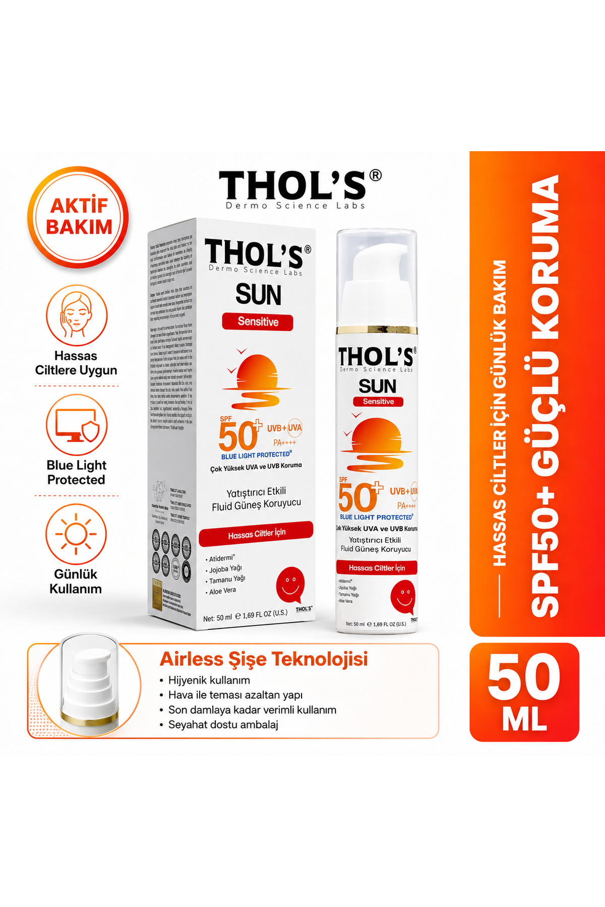 THOLS TB15 SUN SENSITIVE SPF 50+ Hassas Ciltler İçin İz Bırakmayan Leke Karşıtı Fluid Güneş Koruyucu - 50 ML