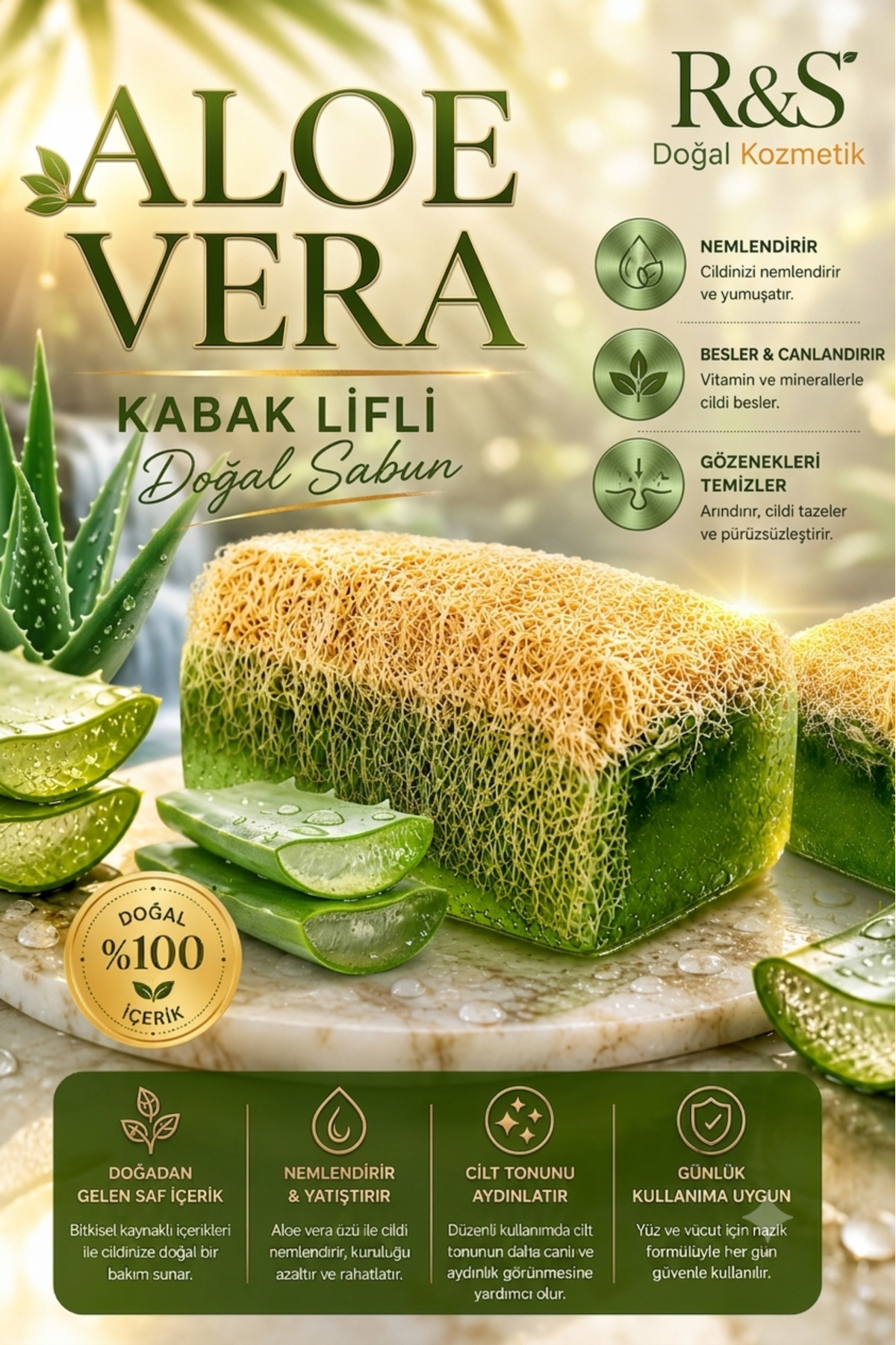 R&S Doğal Kozmetik Kabak Lifli Aloe Vera Sabunu - Doğal Peeling Ve Nemlendirici Etkili Cilt Bakım Sabunu