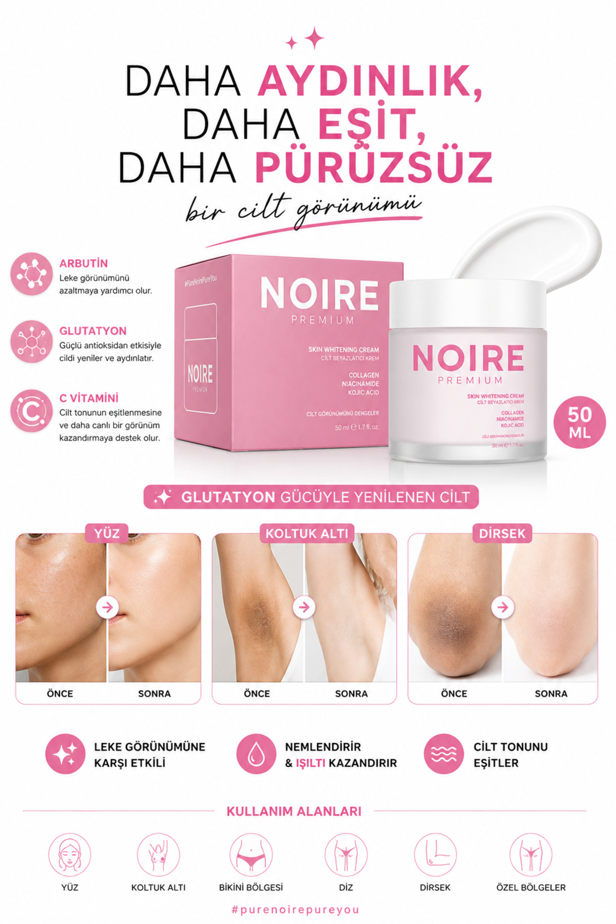 NOIRE PREMIUM Cilt Beyazlatıcı & Ton Eşitleyici Krem - Genital Bölge– Leke Temizleme - Glutatyon,Arbutin - 50 ML