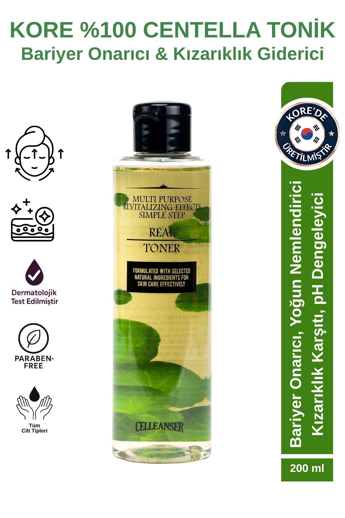 celleanser Kore Tonik - %100 Saf Centella Özü İçeren Yatıştırıcı, Nemlendirici Ve Bariyer Onarıcı Yüz Tonik