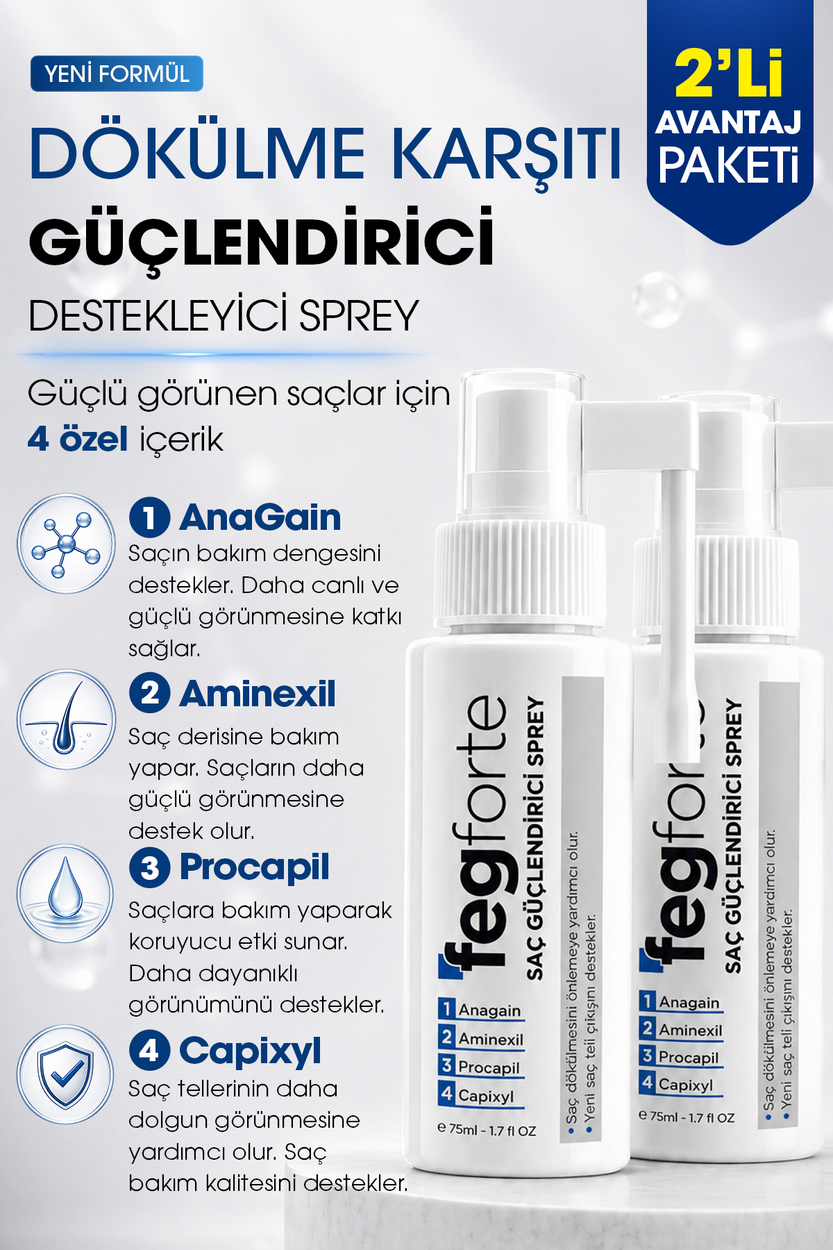 FegForte 2 Adet Feg Forte Saç Çıkarıcı ve Güçlendirici Sprey Serum - 75 mL