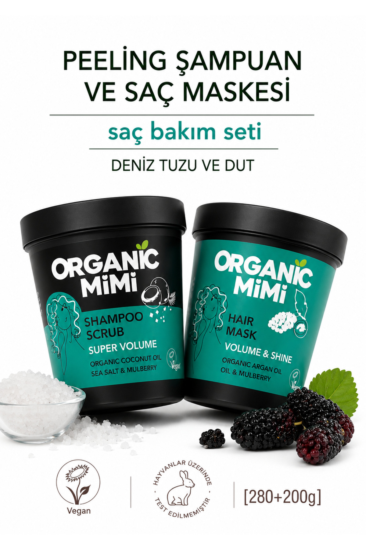 ORGANİC MİMİ Saç Bakım Seti: Süper Hacim Peeling Şampuan Kepek Önleyici Kırık Uçlar Onarıcı Ve Saç Bakım Maskesi