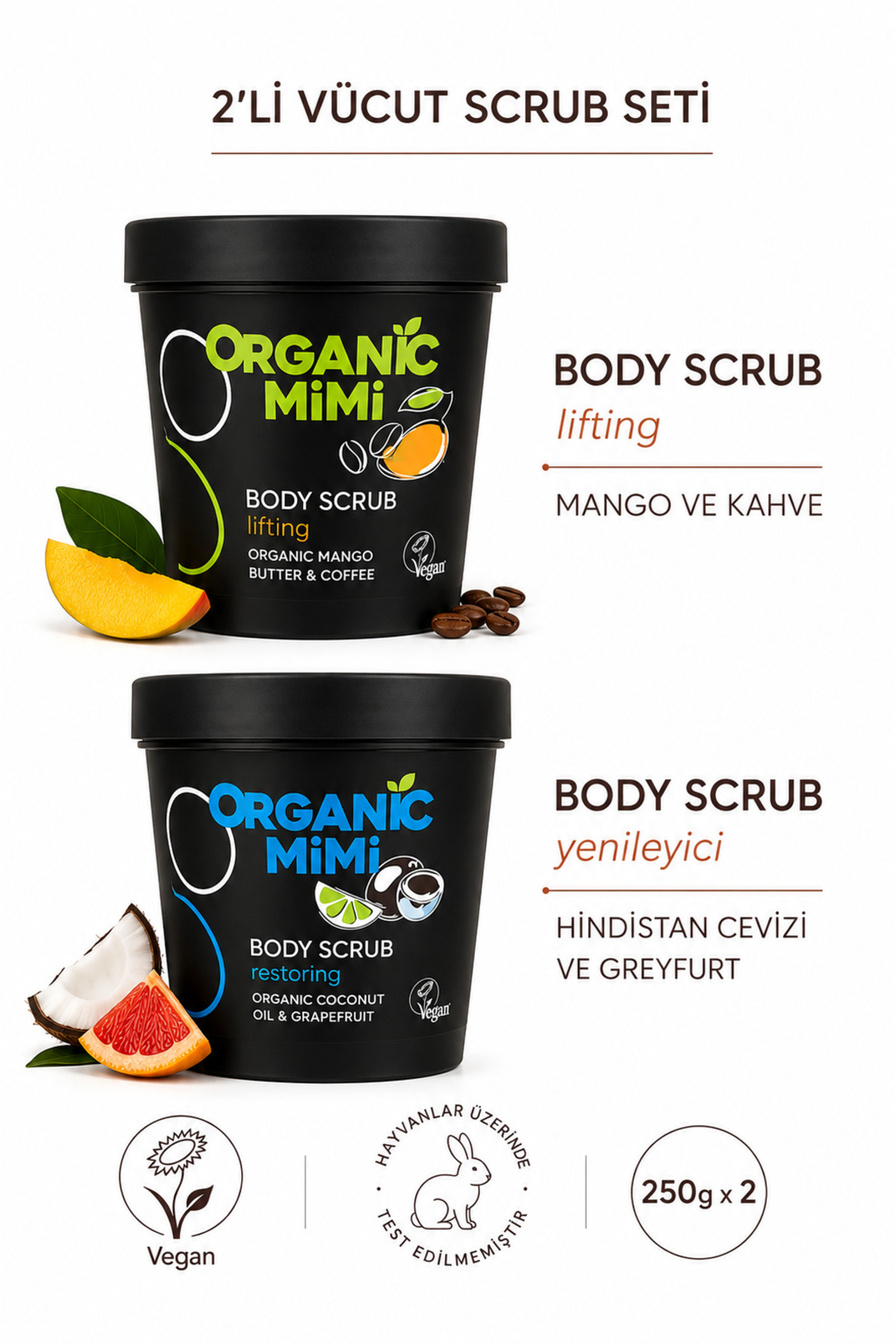 ECOLATIER 2’li Set Vücut Peelingi Sıkılaştırıcı Hindistan Cevizi Greyfurt ve Mango Kahve