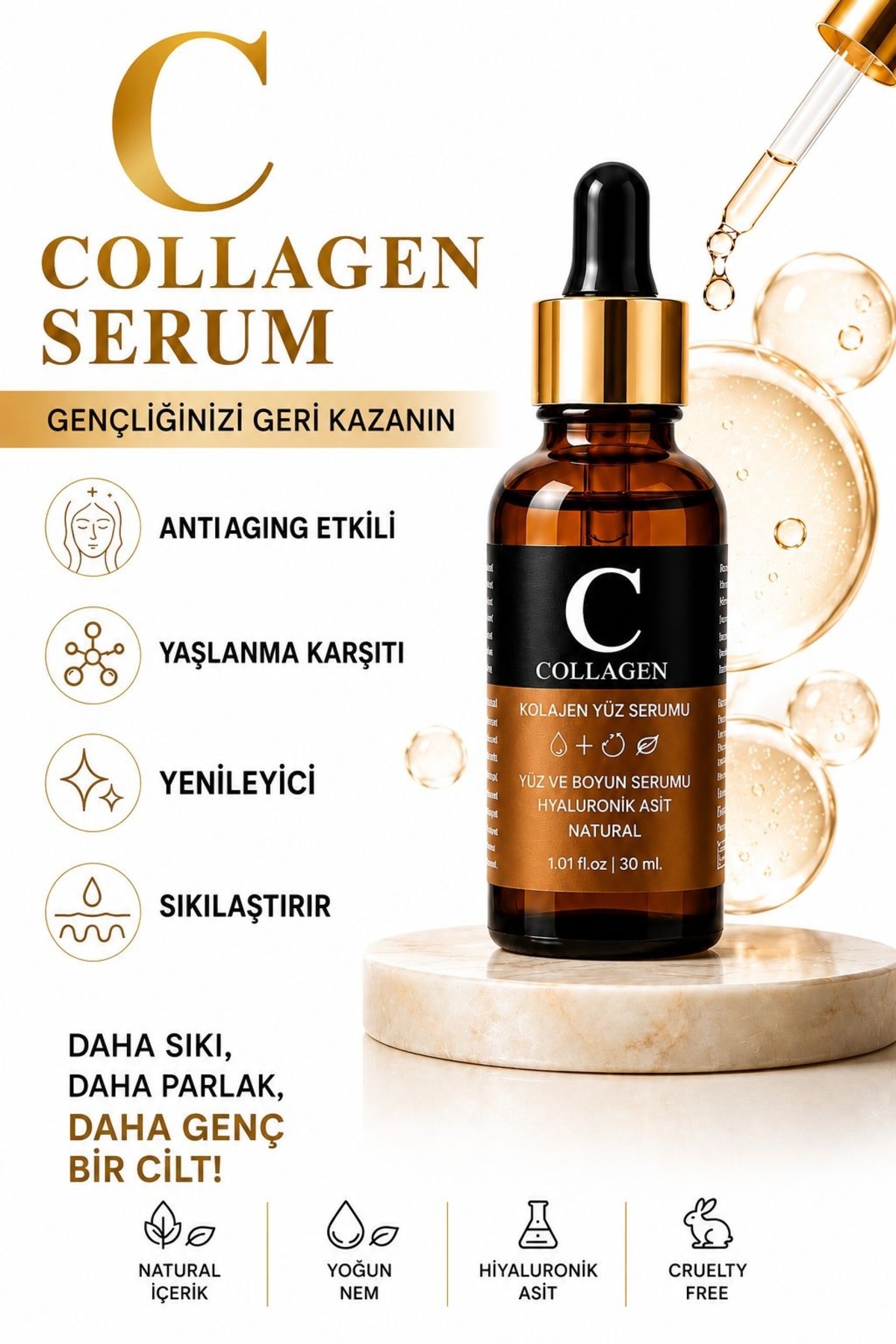 For You Gold Dolgunlaştırıcı, Yaşlanma Ve Kırışıklık Karşıtı Collagen Cilt Bakım Serum (HYALURONİC ACİD) 30 ml