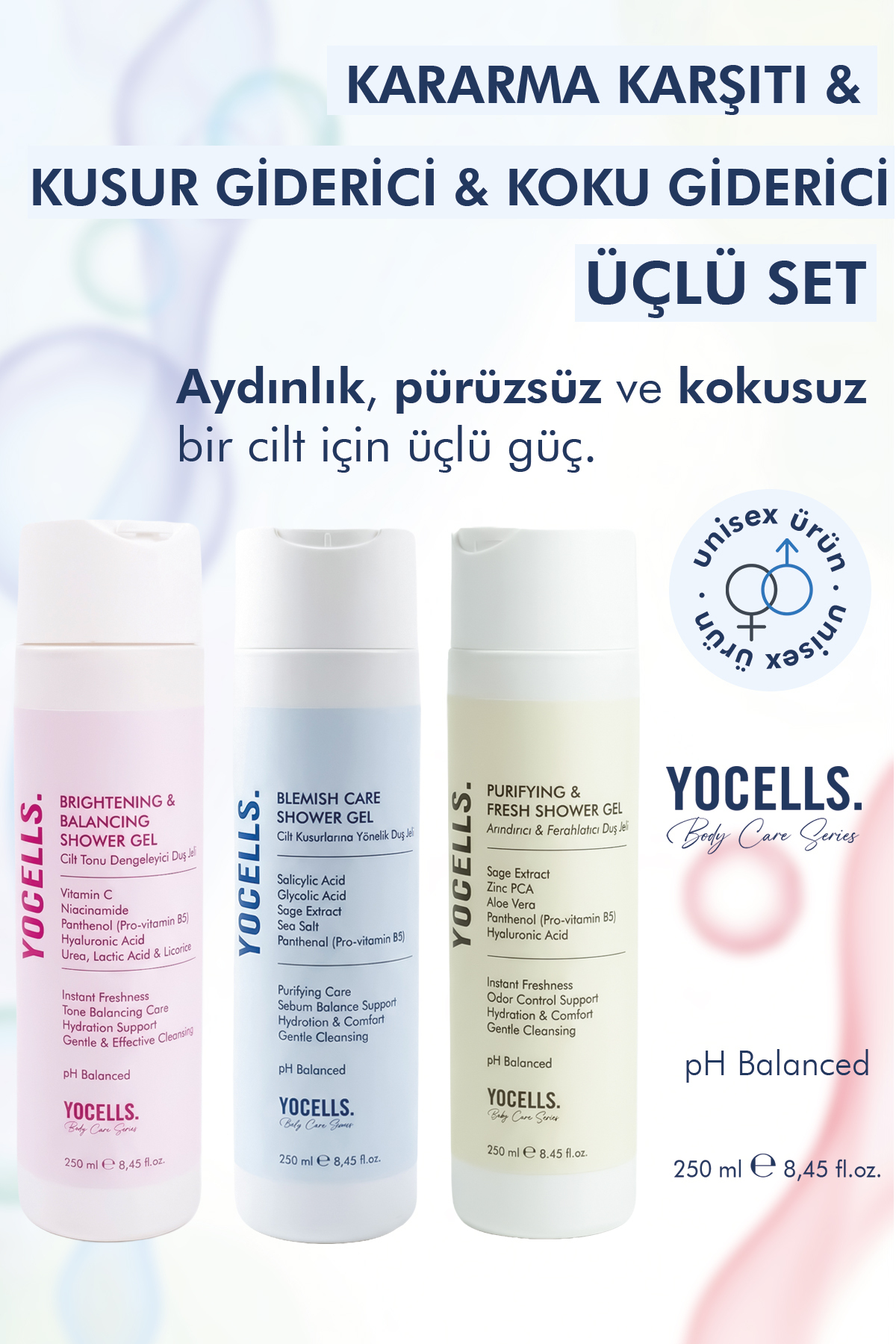 YoCells 3’lü Vücut Bakım Seti – Karşıtı + Kararma Giderici + Koku Giderici Duş Jeli, Vücut Şampuanı – Komple Bakım Paketi 3x250 ml