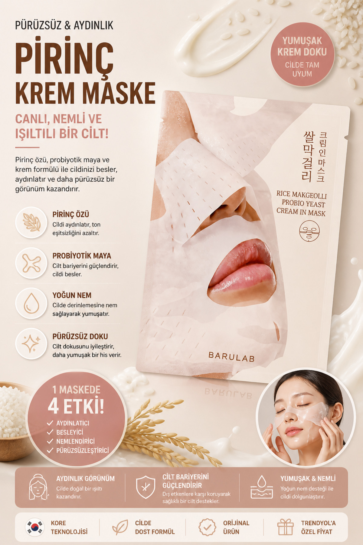 Barulab Rice Makgeolli Probio Yeast Cream in Mask - Probiyotik Mayası İçeren Pirinçli Maske 40g