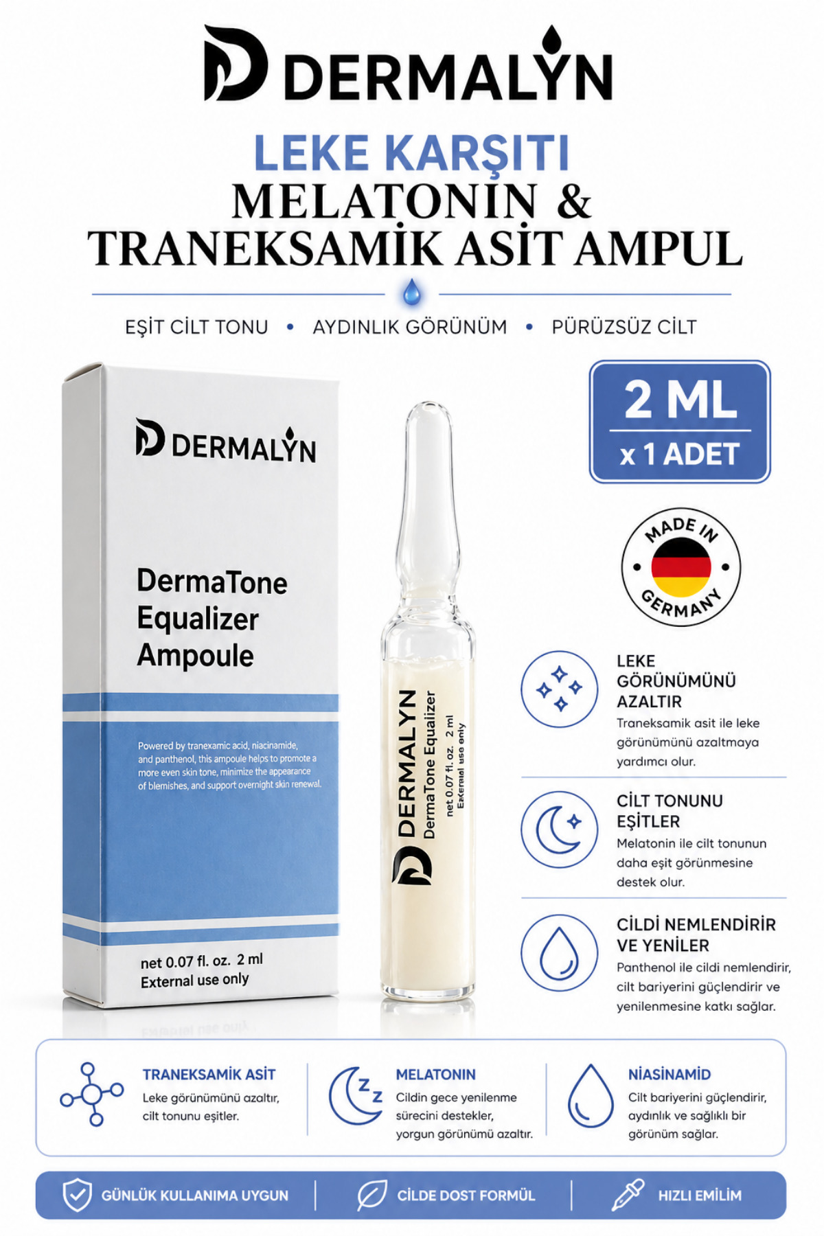 DERMALYN 1 Adet Leke Karşıtı Melatonin & Traneksamik Asit İçeren Cilt Aydınlatıcı Ampul Serum Dermaroller