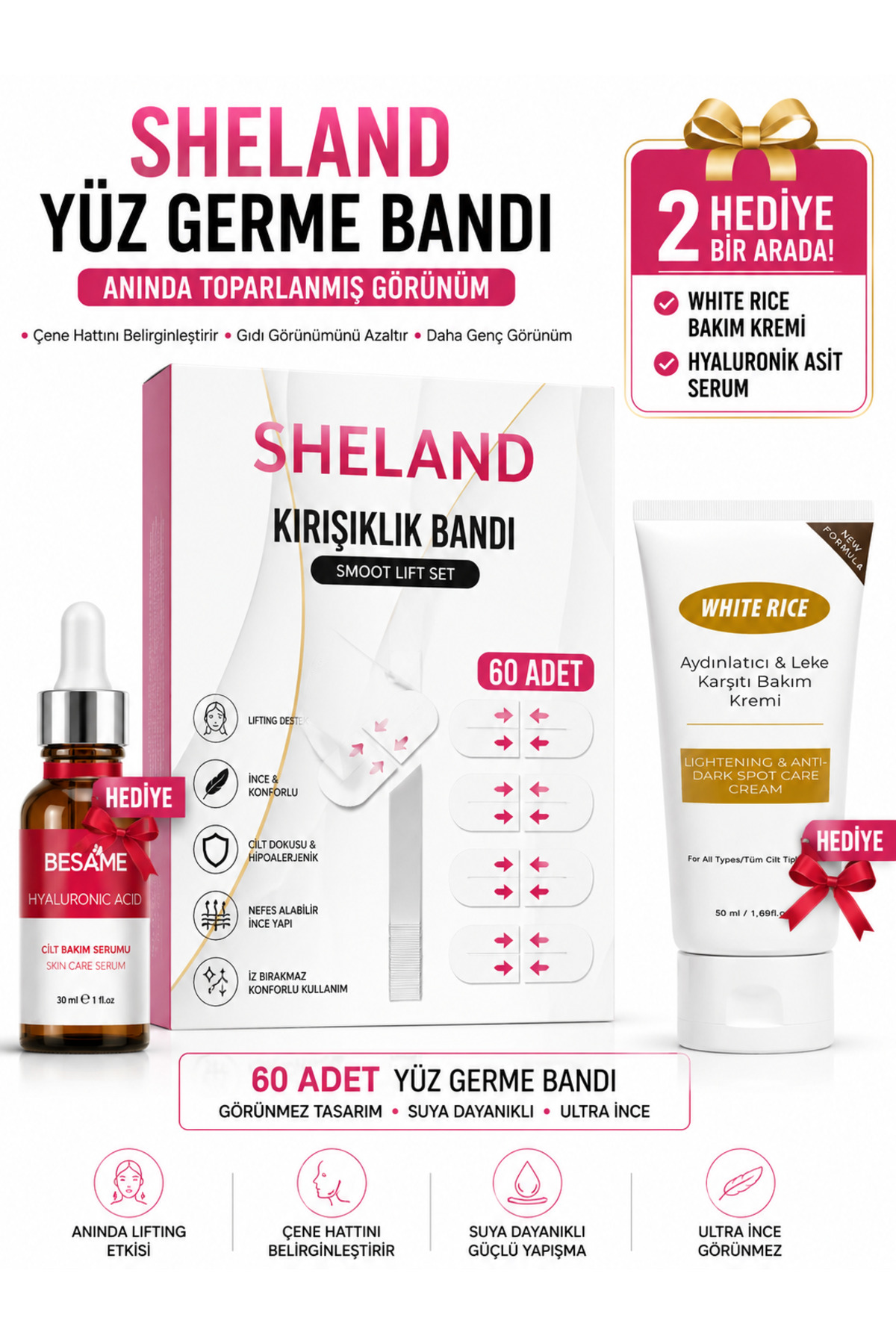 Sheland Kırışıklık Bandı 60 Adet Yüz Germe – Gece Bakım Seti - Hyaluronik Serum Aydınlatıcı Krem Hediyeli