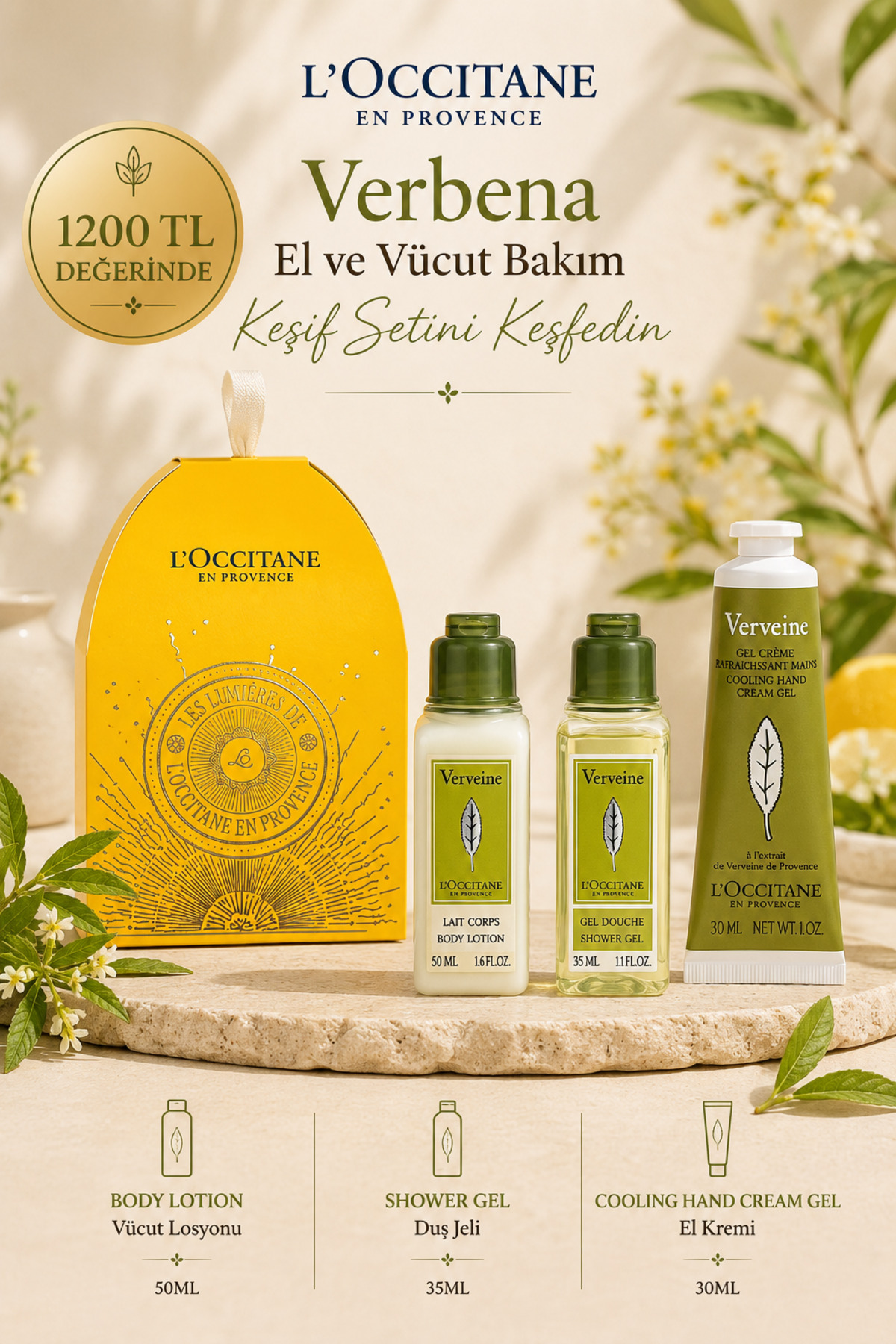 L'Occitane Verbena El ve Vücut Bakım Seti, Mini Kutulu, 3'lü Set