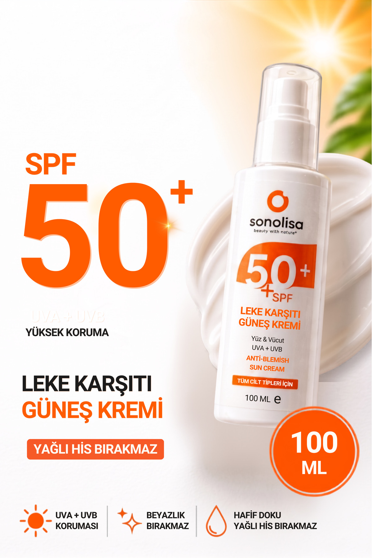 SONOLİSA 50 Spf Uvb Ve Uva Işınlarına Karşı Yüksek Korumalı Yeni Nesil Leke Karşıtı Güneş Kremi 100 ml