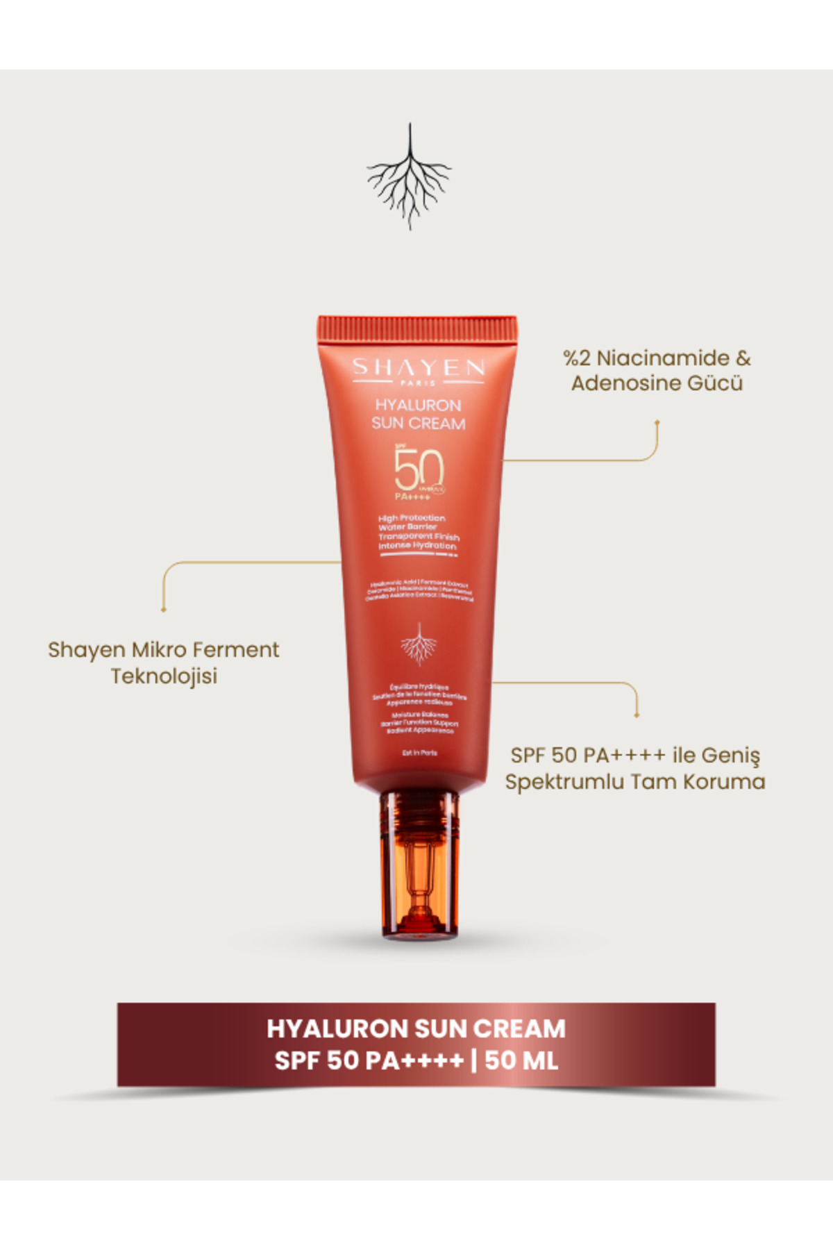 Shayen Paris PA++++ UVA Korumalı SPF50 Aydınlatıcı, Leke Karşıtı | Mikro Ferment Teknolojisi Hyaluron Güneş Kremi 50ml