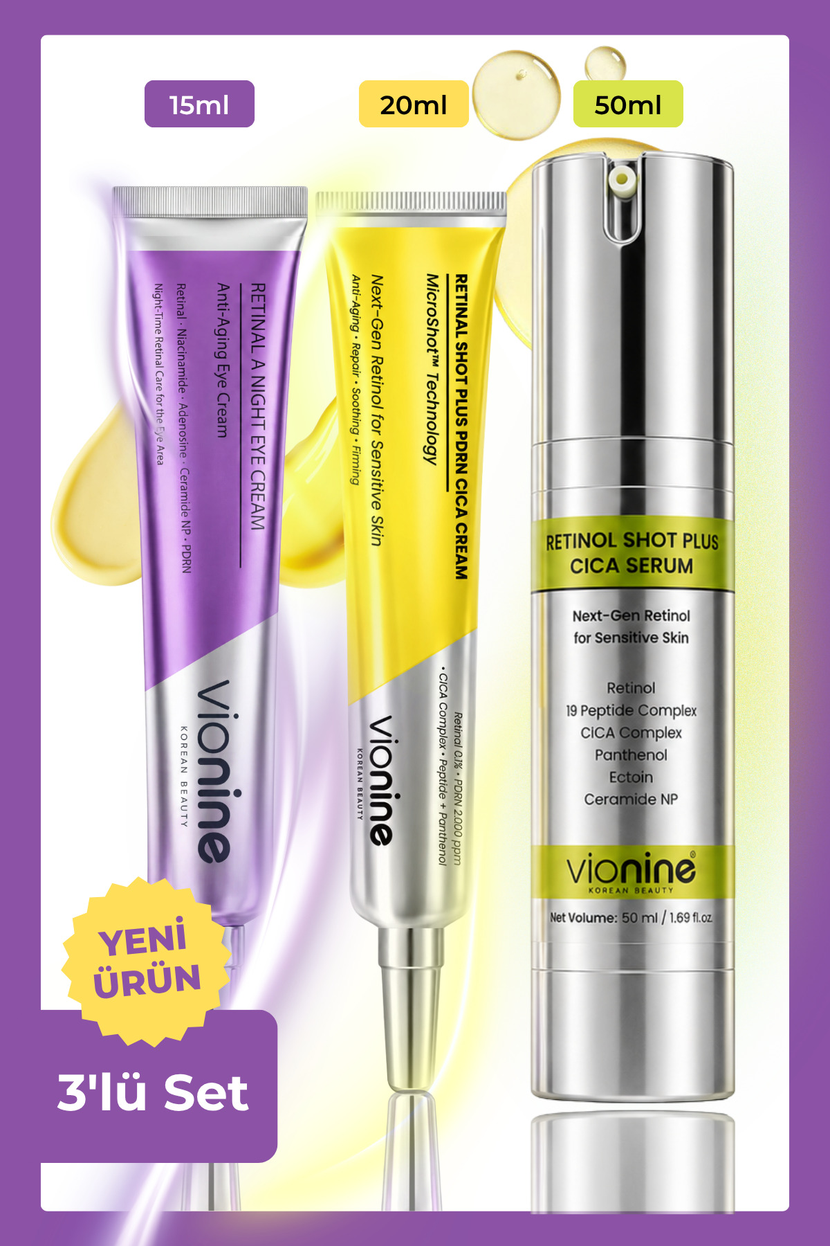 Vio nine Vionine Gece Bakım Seti 3'lü | Retinol Serum + Retinal Krem + Göz Kremi