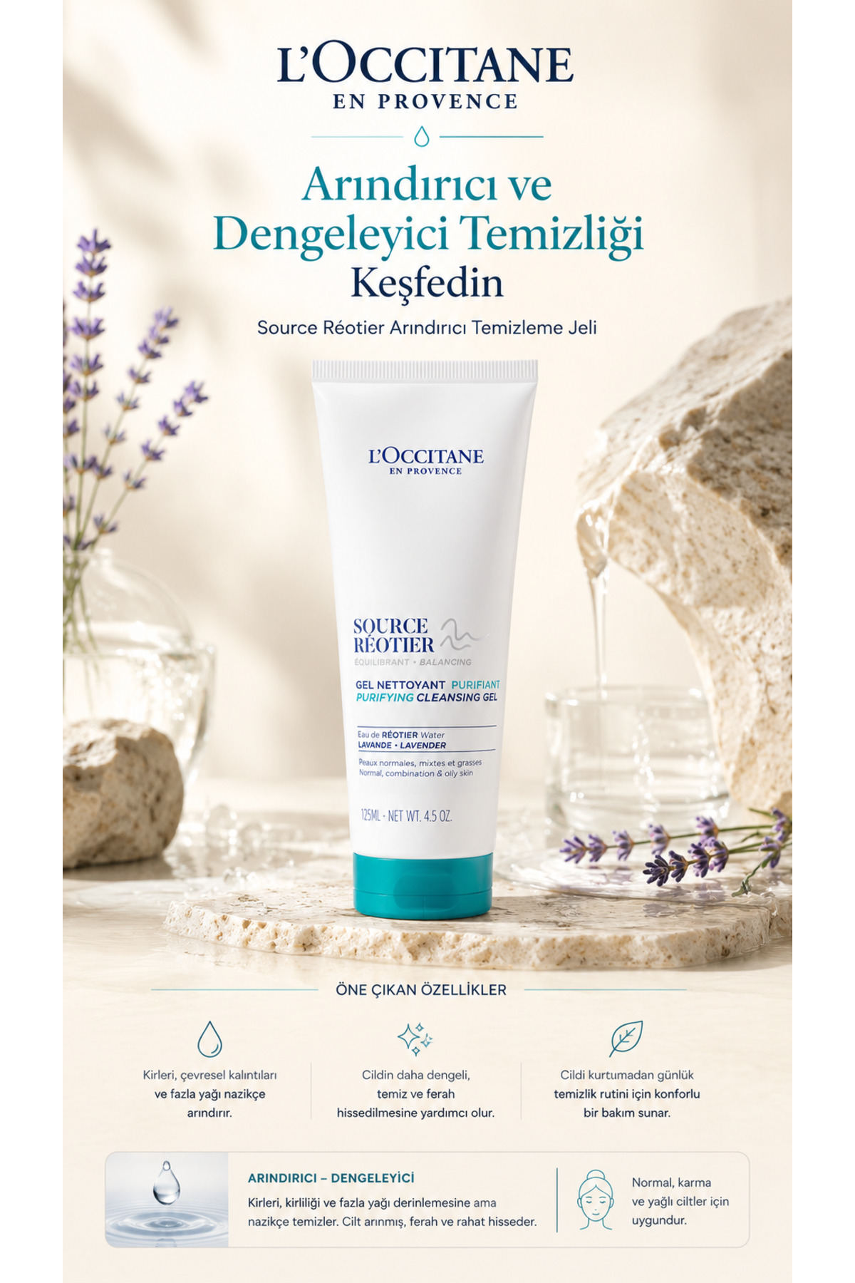 L'Occitane Source Reotier Yüz ve Boyun Temizleme Jeli, Normal, Karma ve Yağlı Ciltler için, Lavanta Yağı İçeren, 125 ml